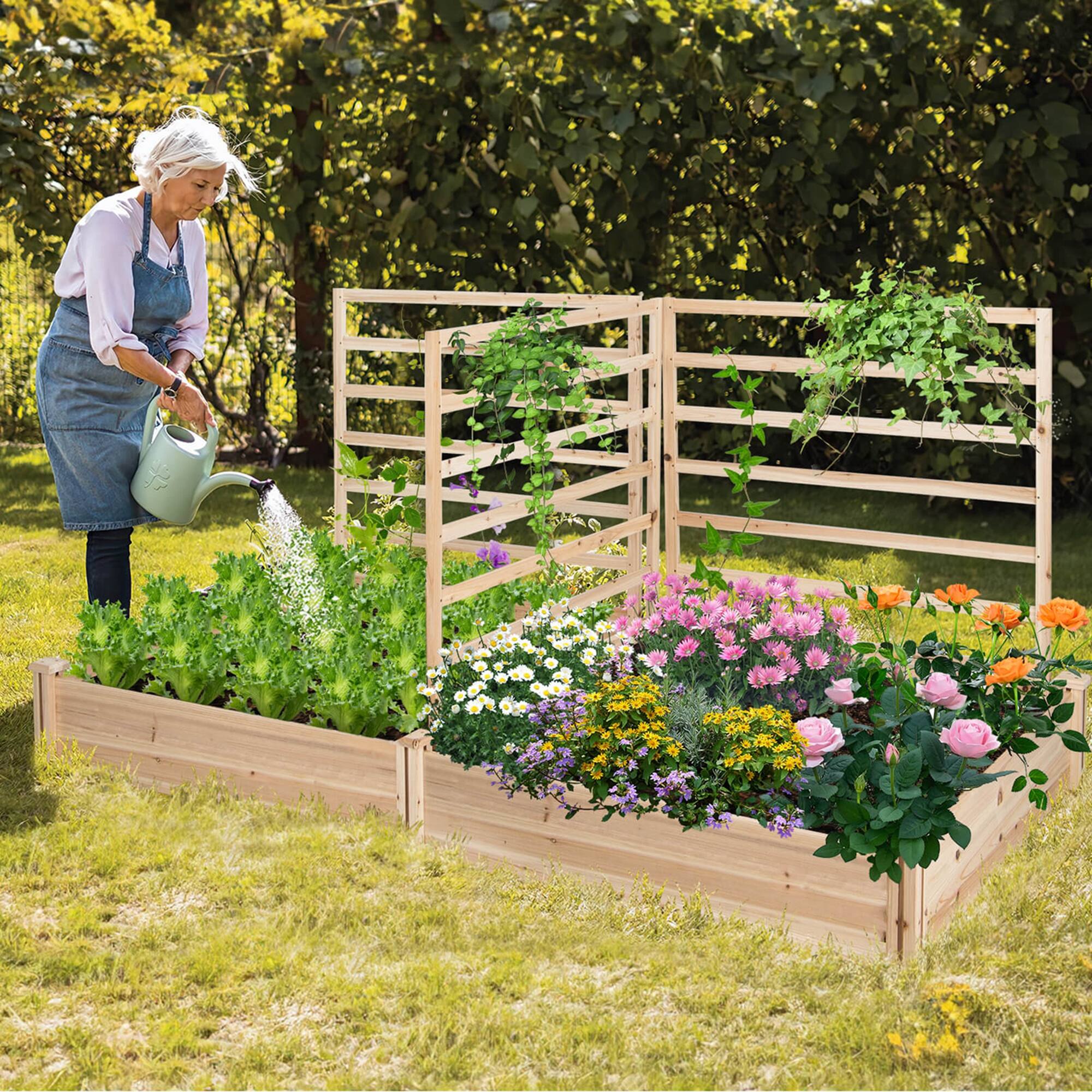 Alt View 3. Costway - Raised Garden Bed with 3 Trellises with Divided Compartments for Flowers - Natural.