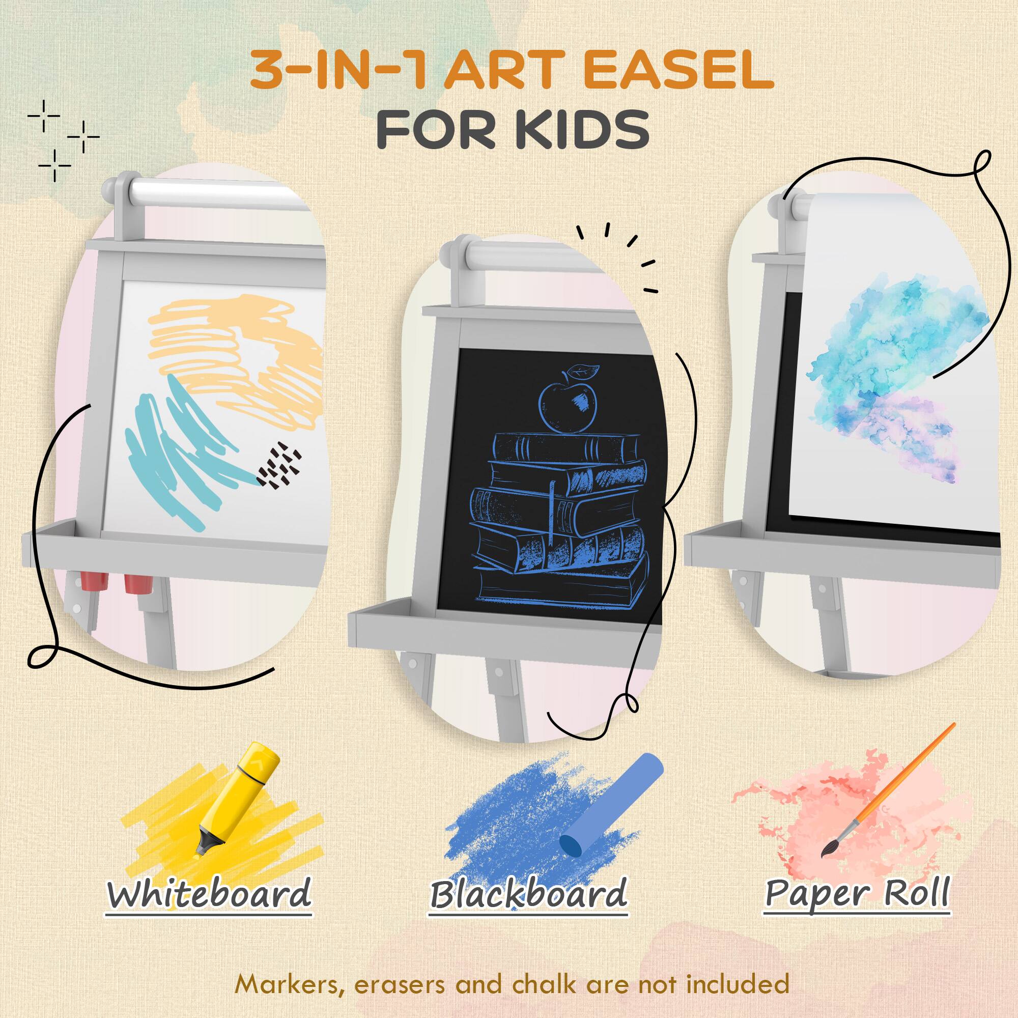 3-IN-1 ART EASEL FOR KIDS

Whiteboard  
Blackboard  
Paper Roll  

Markers, erasers and chalk are not included