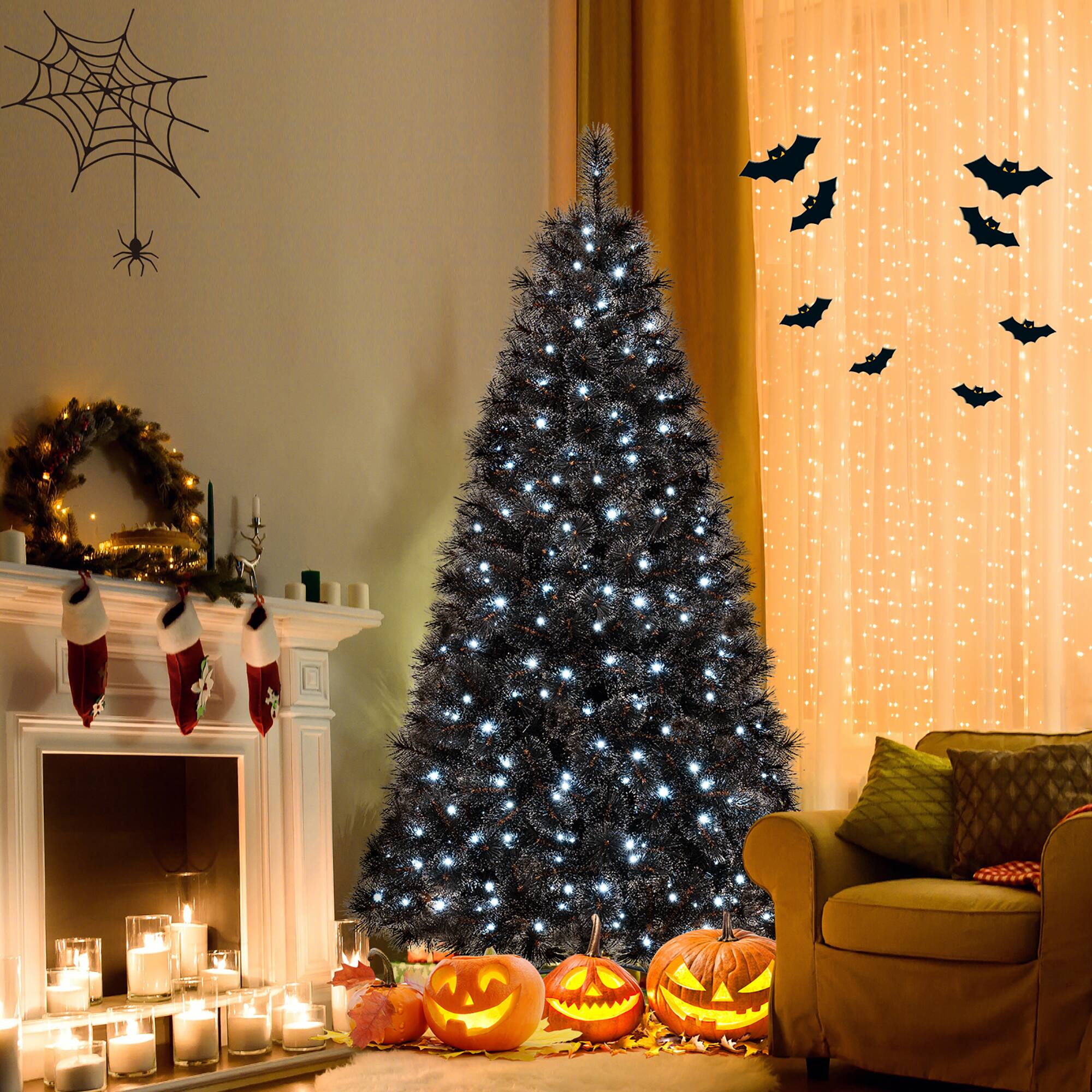 Alt View 3. Gymax - Gymax 7 FT Halloween Tree w/ 572 Branch Tips Frosted Pine Needles 320 W/ LED Lights - Black.