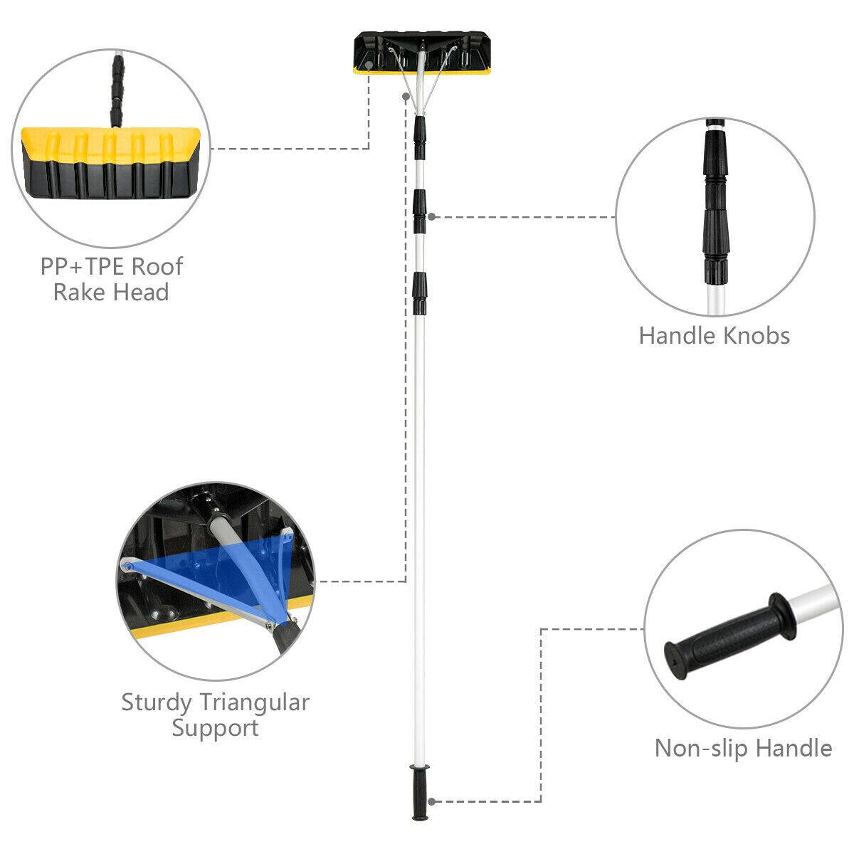 The image shows a diagram of a tool with a yellow handle, which is a roof rake head. The tool has a sturdy triangular support and non-slip handle. The handle is designed to provide a secure grip while using the tool. The diagram also shows the different parts of the tool, including the handle, knobs, and support structure.
