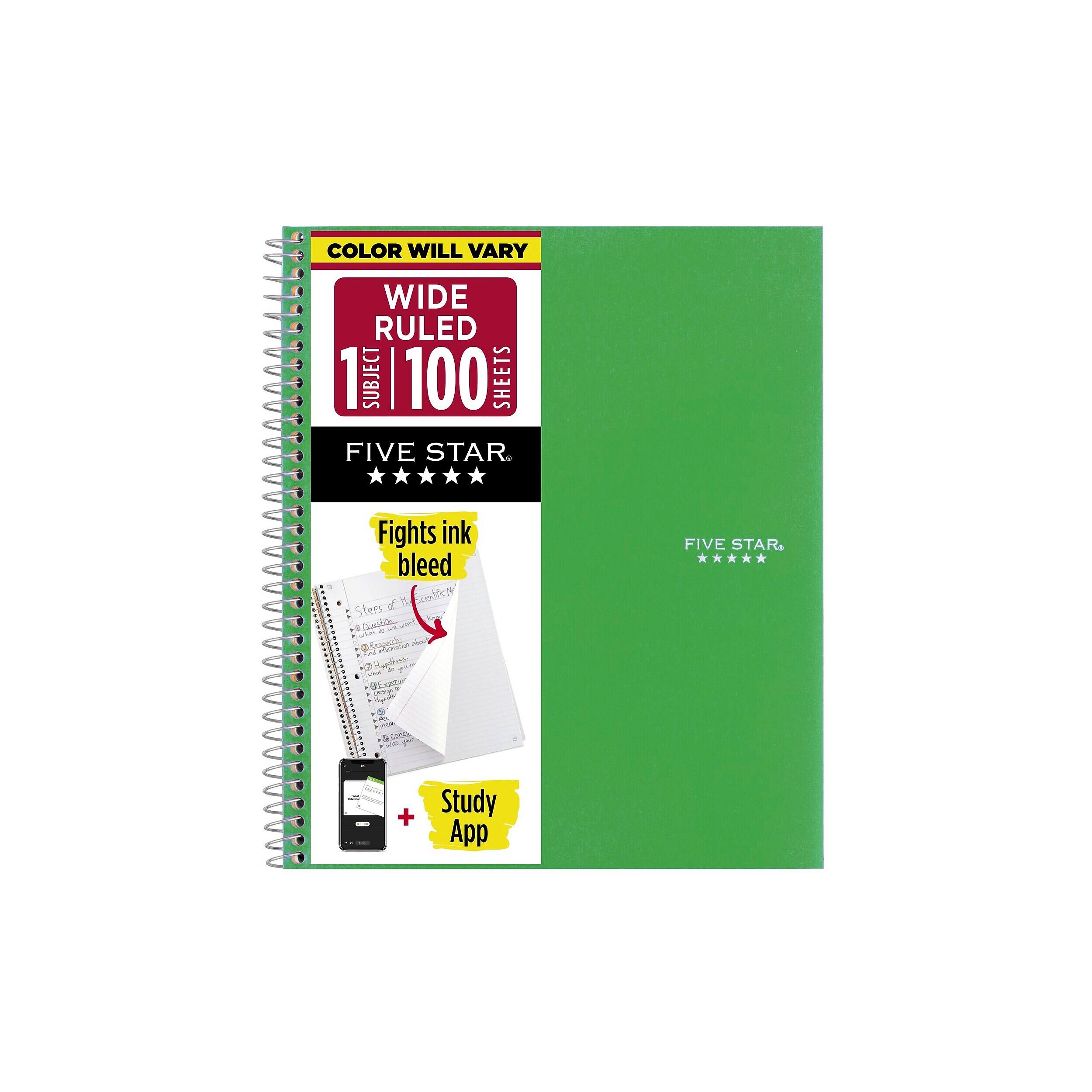 COLOR WILL VARY  
WIDE RULED SUBJECT 100 SHEETS FIVE STAR  
Fights ink bleed  
FIVE STAR  
... PJOCA 0078  
+  
Study App