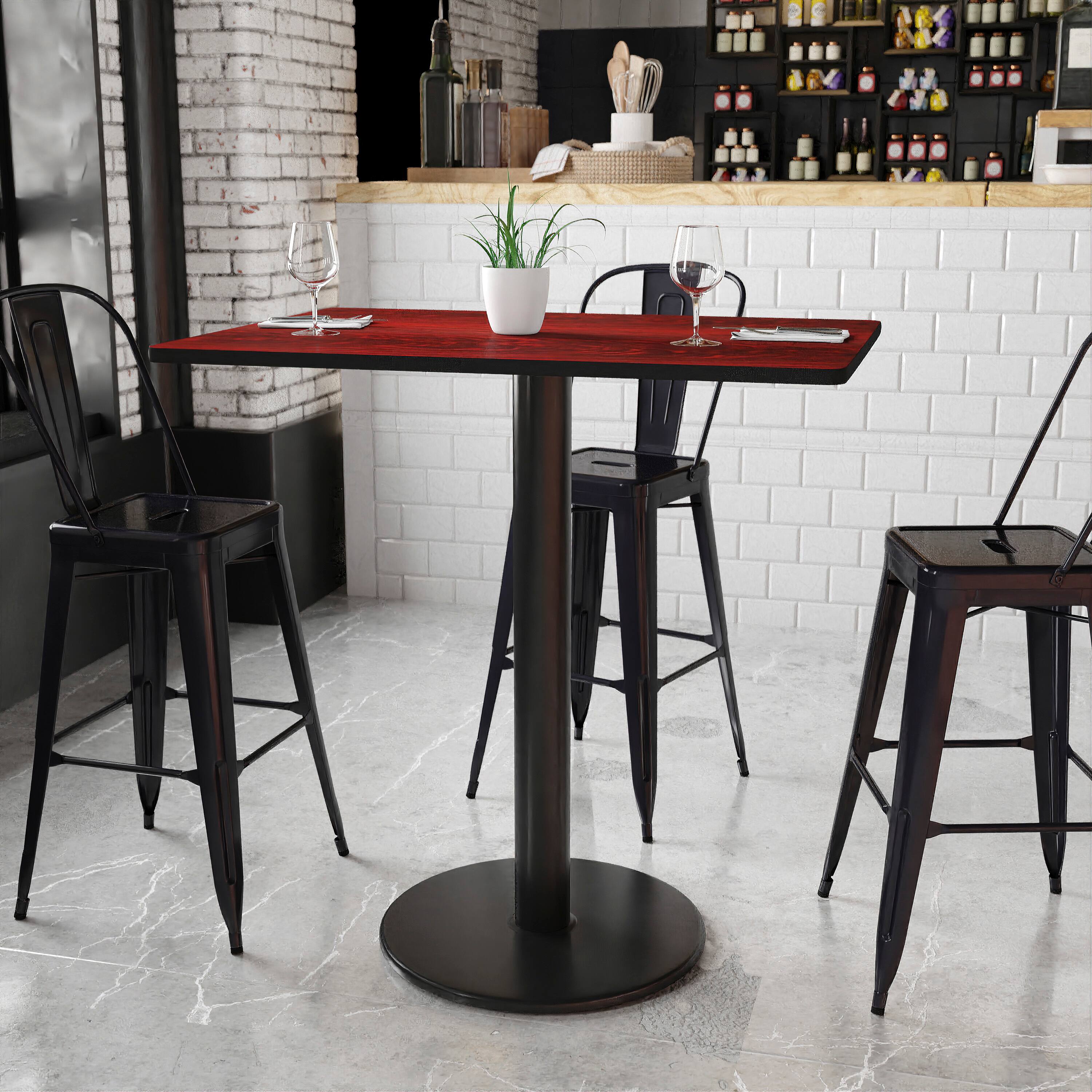 Angle. Flash Furniture - Stiles 30'' x 42'' Rectangular Mahogany Laminate Table Top with 24'' Round Bar Height Table Base - Brown.
