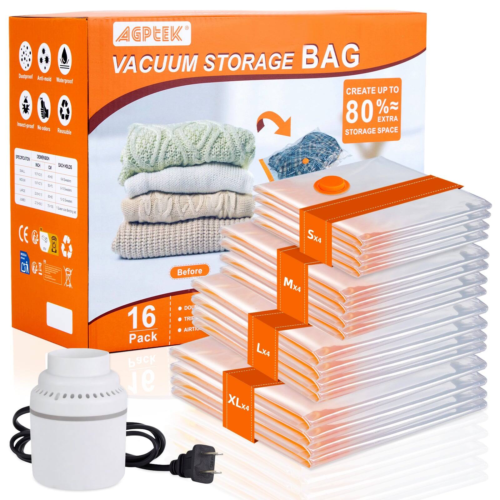 AGPEEK VACUUM STORAGE BAG

CREATE UP TO 80% EXTRA STORAGE SPACE

16 Pack

Dustproof, Anti-mold, Waterproof, Insect-proof, No Odors, Resealable

Sx4, Mx4, Lx4, XLx4

Before