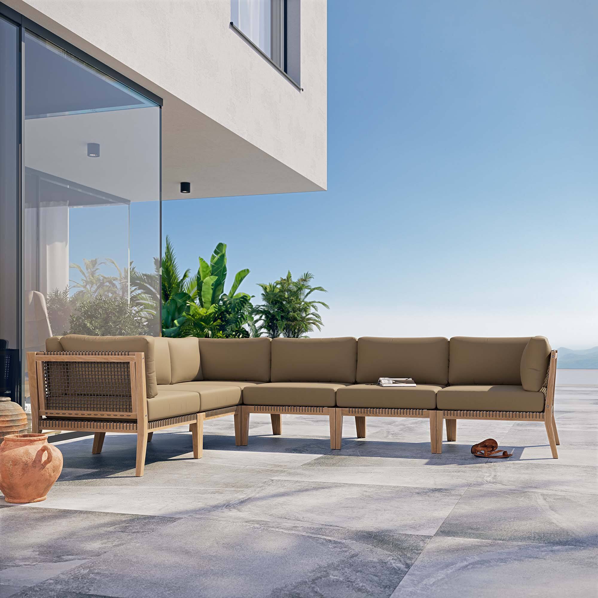 Alt View 6. Modway - Clearwater 6-Piece Outdoor Patio Teak Wood Sectional Sofa by Modway - Gray Light Brown.