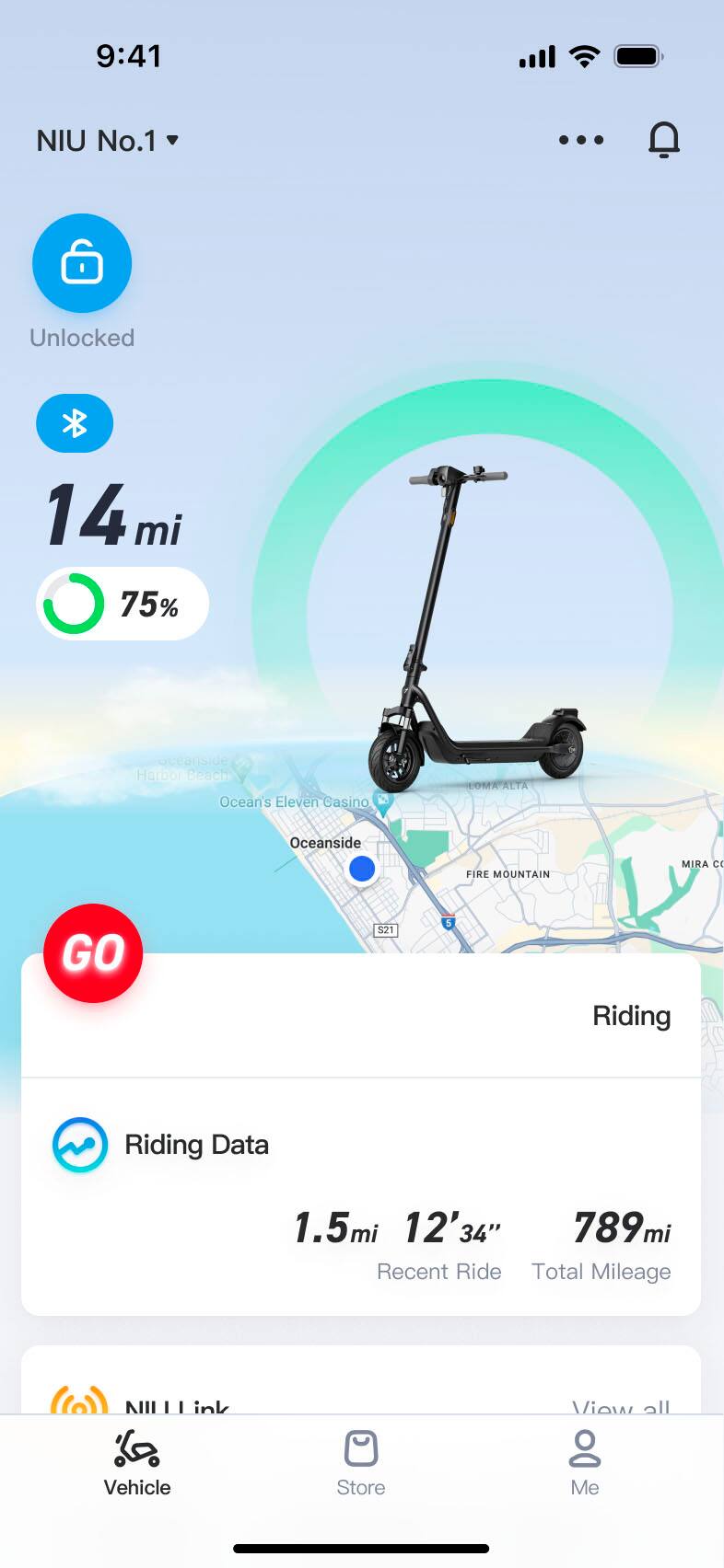 The text on the image is grouped and corrected as follows:

9:41 NIU No.1 Unlocked  14 mi 75% oceanside Harbor each Ocean's Eleven Casino COMA ALTA Oceanside FIRE MOUNTAIN MIRA C GO 521 2 Riding Riding Data 1.5mi 12'34" 34" 789mi Recent Ride Total Mileage NIII View all Vehicle Store Me