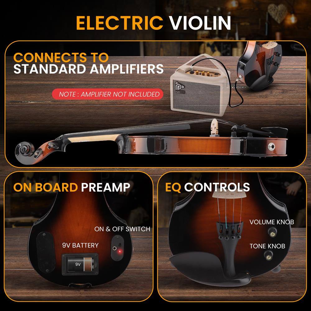 ELECTRIC VIOLIN

CONNECTS TO STANDARD AMPLIFIERS
NOTE: AMPLIFIER NOT INCLUDED

ON BOARD PREAMP
ON & OFF SWITCH
9V BATTERY

EQ CONTROLS
VOLUME KNOB
TONE KNOB