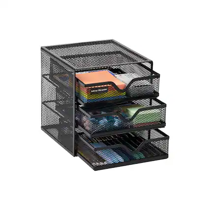 Front. Mind Reader - Desktop Accessory Storage, Desk Supplies, Organizer, Office, Metal Mesh, 6.25"L x 6.5"W x 6.5"H - Black.