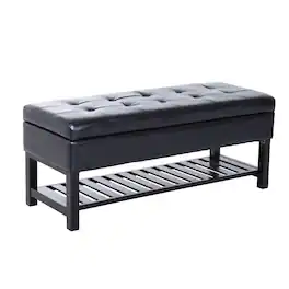 Homcom - 44" Tufted Faux Leather Ottoman Storage Bench With Shoe Rack - Black