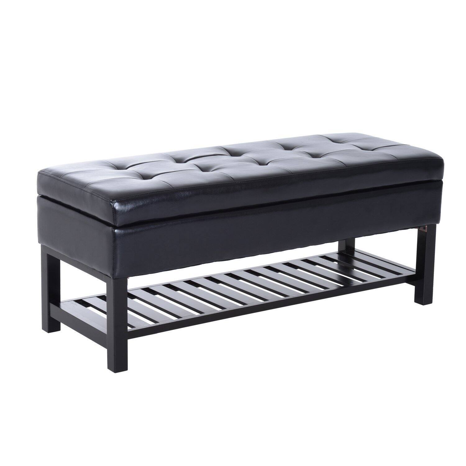 Front. Homcom - 44" Tufted Faux Leather Ottoman Storage Bench With Shoe Rack - Black.