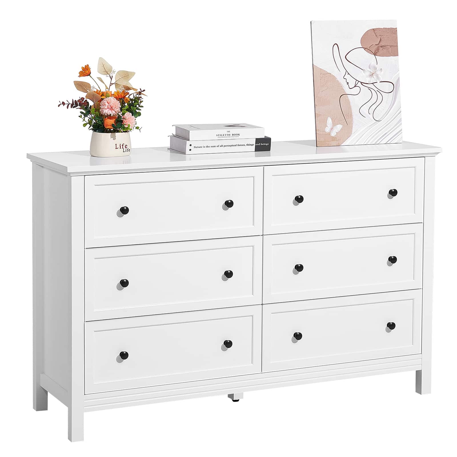 VEVOR - 6 Drawer Dresser, Wooden Chest of Drawers with Sliding and Anti-tip Device, Retro Minimalist Dresser Chest - White