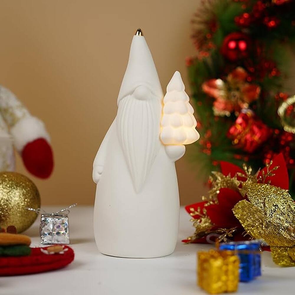 Angle. Schertz - Christmas Gnome Figurine with LED Tree – White Ceramic 7.5" Lighted Holiday Decor & Gift - white.