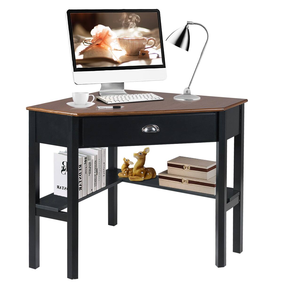Costway - Triangle Corner Office Desk with Drawer Shelves - Rustic Coffee/Black