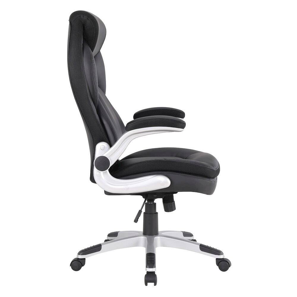 Alt View 2. FurniFact - Executive Black Leather Chair – High-Back Work Chair With Silver Base - Black / Silver.