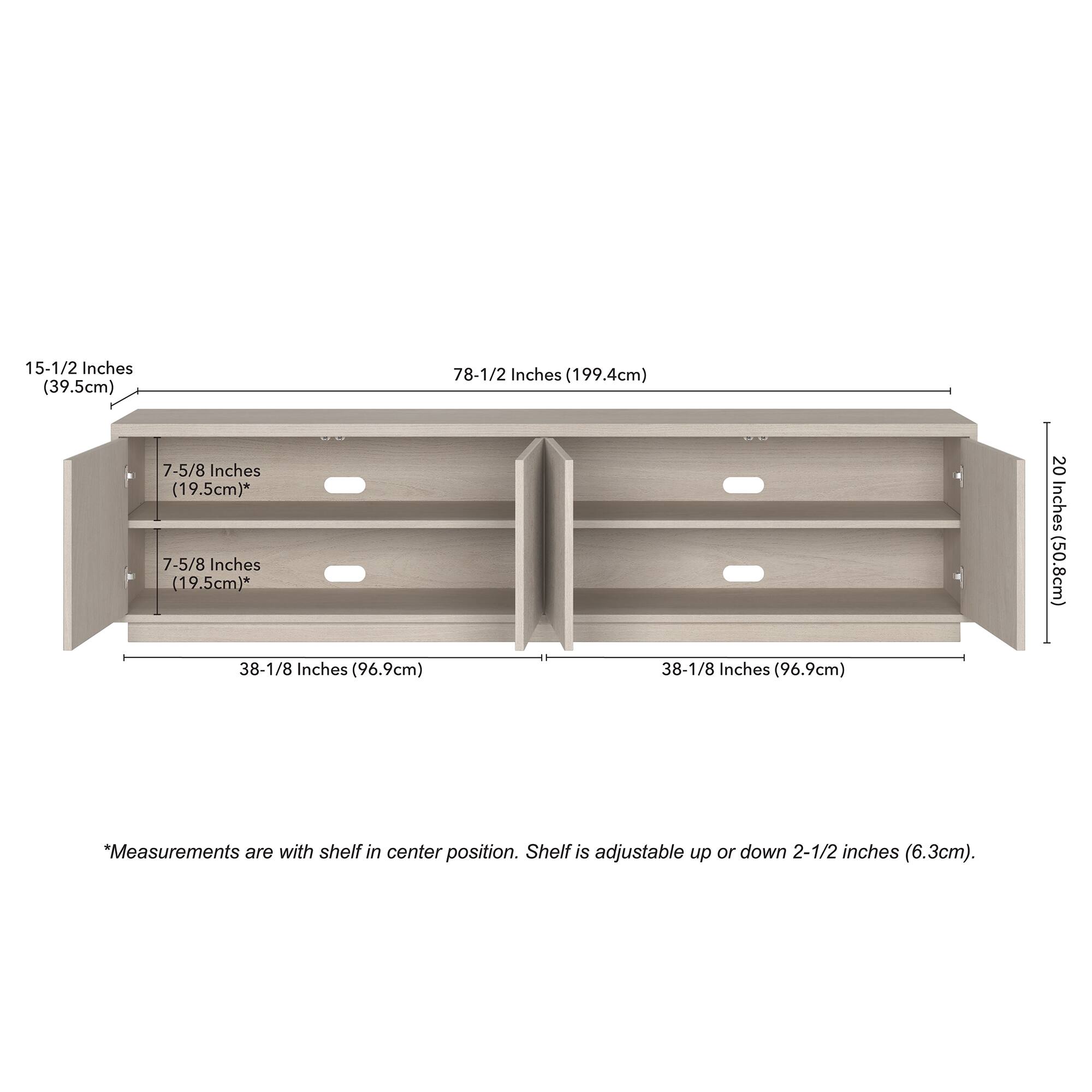 15-1/2 Inches (39.5cm)  
78-1/2 Inches (199.4cm)  
7-5/8 Inches (19.5cm)*  
7-5/8 Inches (19.5cm)*  
20 Inches (50.8cm)  
38-1/8 Inches (96.9cm)  
38-1/8 Inches (96.9cm)  

*Measurements are with shelf in center position. Shelf is adjustable up or down 2-1/2 inches (6.3cm).
