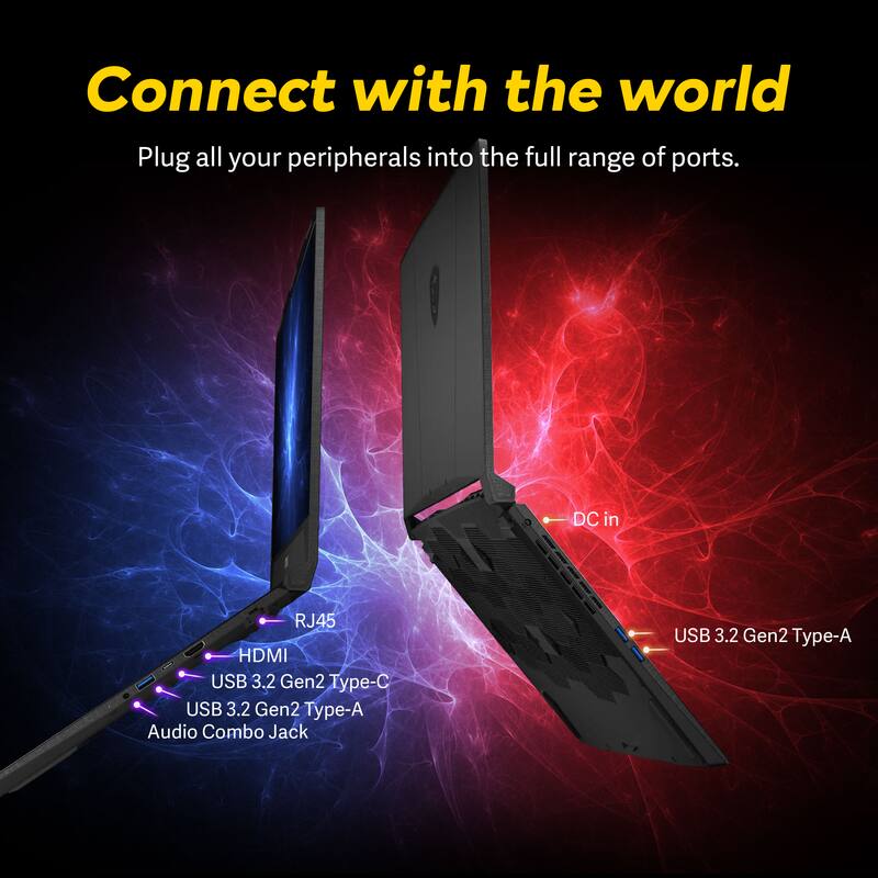 Connect with the world  
Plug all your peripherals into the full range of ports.  

- DC in  
- RJ45  
- HDMI  
- USB 3.2 Gen2 Type-C  
- USB 3.2 Gen2 Type-A  
- Audio Combo Jack  
- USB 3.2 Gen2 Type-A