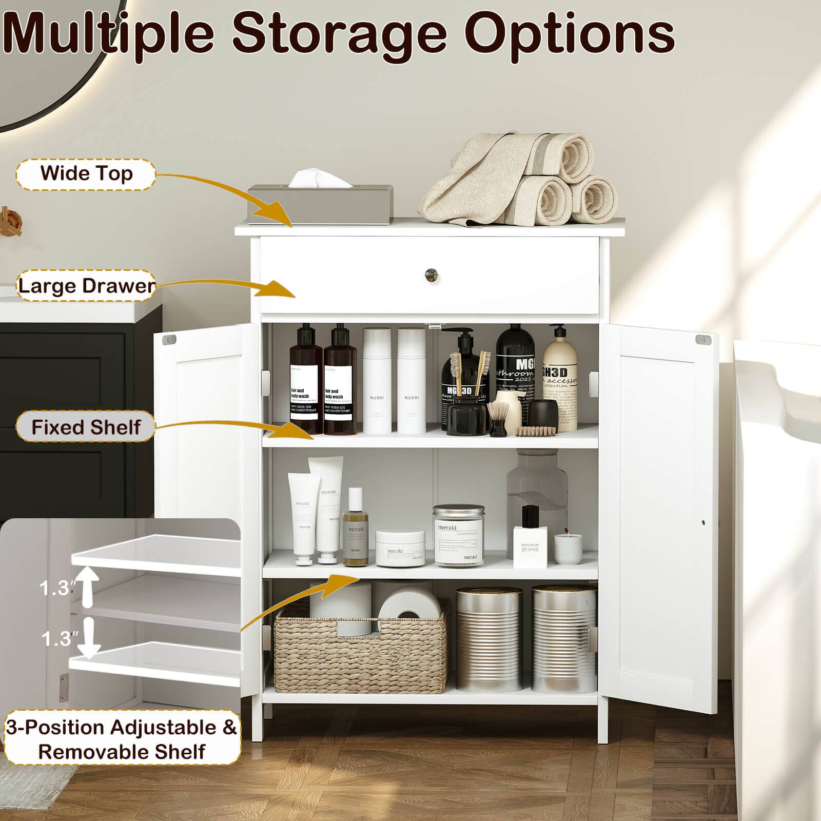 Multiple Storage Options:

1. Wide Top: A large drawer is available for storage.
2. Large Drawer: The drawer is designed to hold various items.
3. Fixed Shelf: A shelf is available for additional storage.
4. 3-Position Adjustable & Removable Shelf: This shelf can be adjusted to three different positions and removed for easy access to stored items.