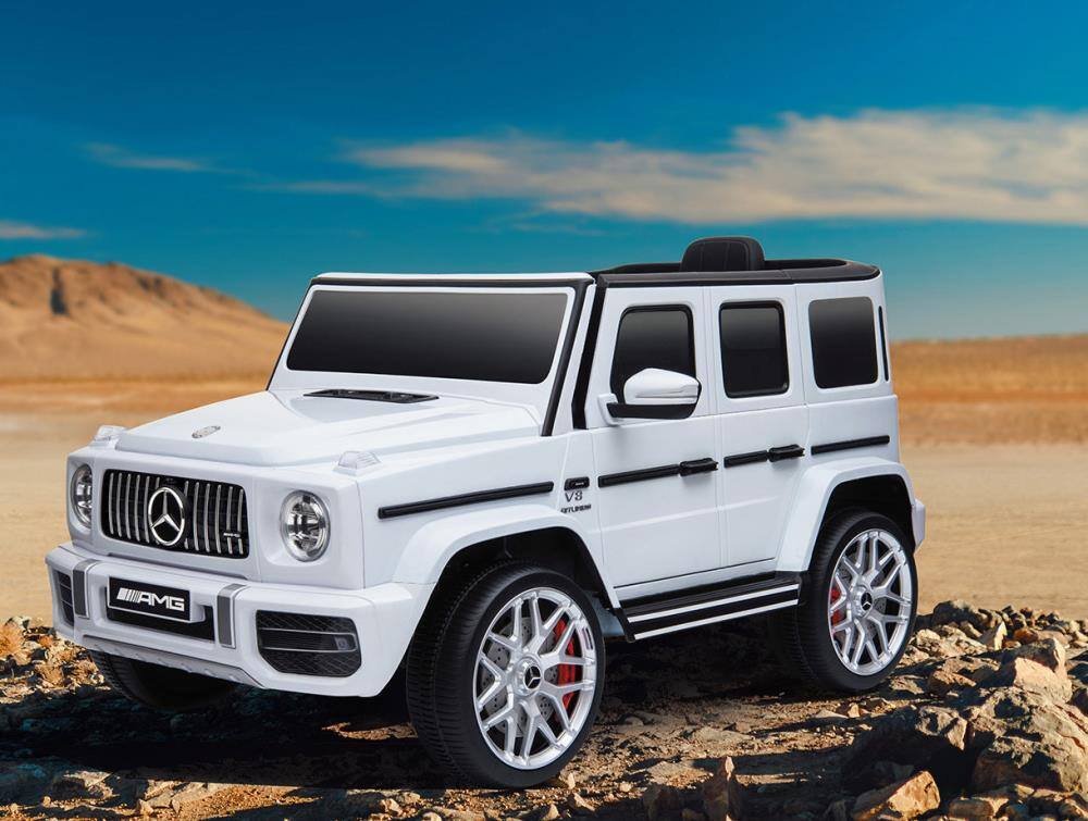 Angle. BreeBe - 12V Licensed Mercedes-Benz G63 Kids Electric ride on Car w/ Remote Control, Music, Horn, Suspension, Safety Lock - White.