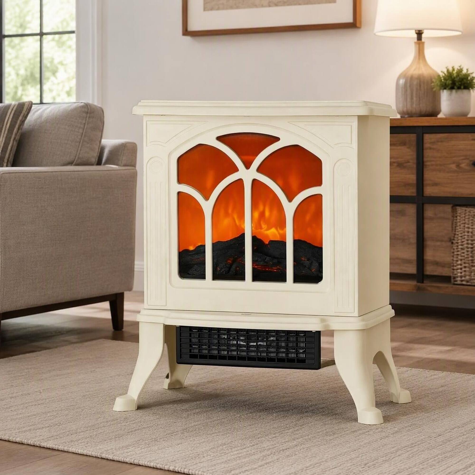 Front. RYHNUYNE - Vintage Electric Fireplace Stove with Realistic Flame, Portable Heater for Cozy Living Room, Bedroom - Beige.