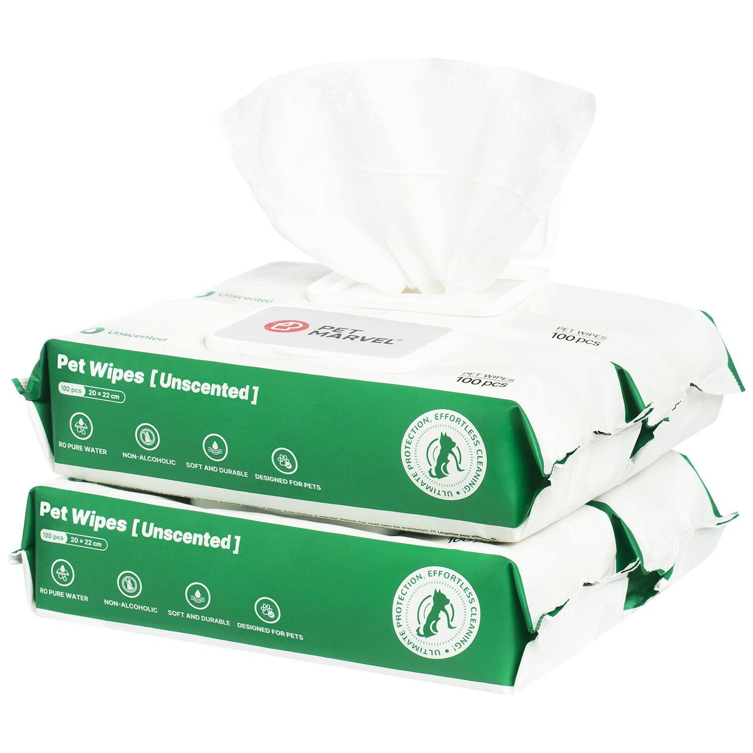 Pet Wipes [Unscented]  
100 pcs 20 x 22 cm  

RO PURE WATER  
NON-ALCOHOLIC  
SOFT AND DURABLE  
DESIGNED FOR PETS  

PROTECTION, EFFORTLESS CLEANING