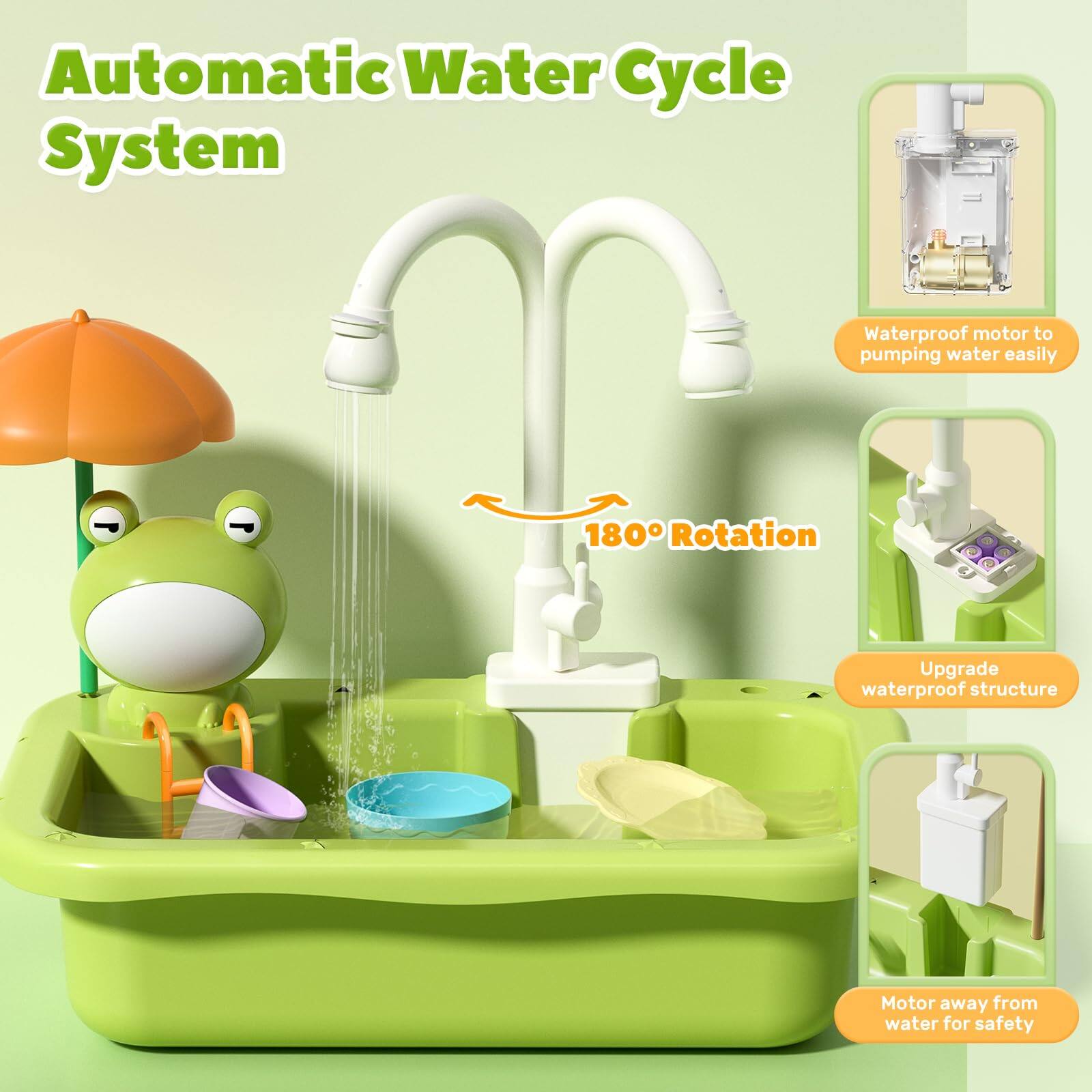 Automatic Water Cycle System

- Waterproof motor to pumping water easily
- 180° Rotation
- Upgrade waterproof structure
- Motor away from water for safety