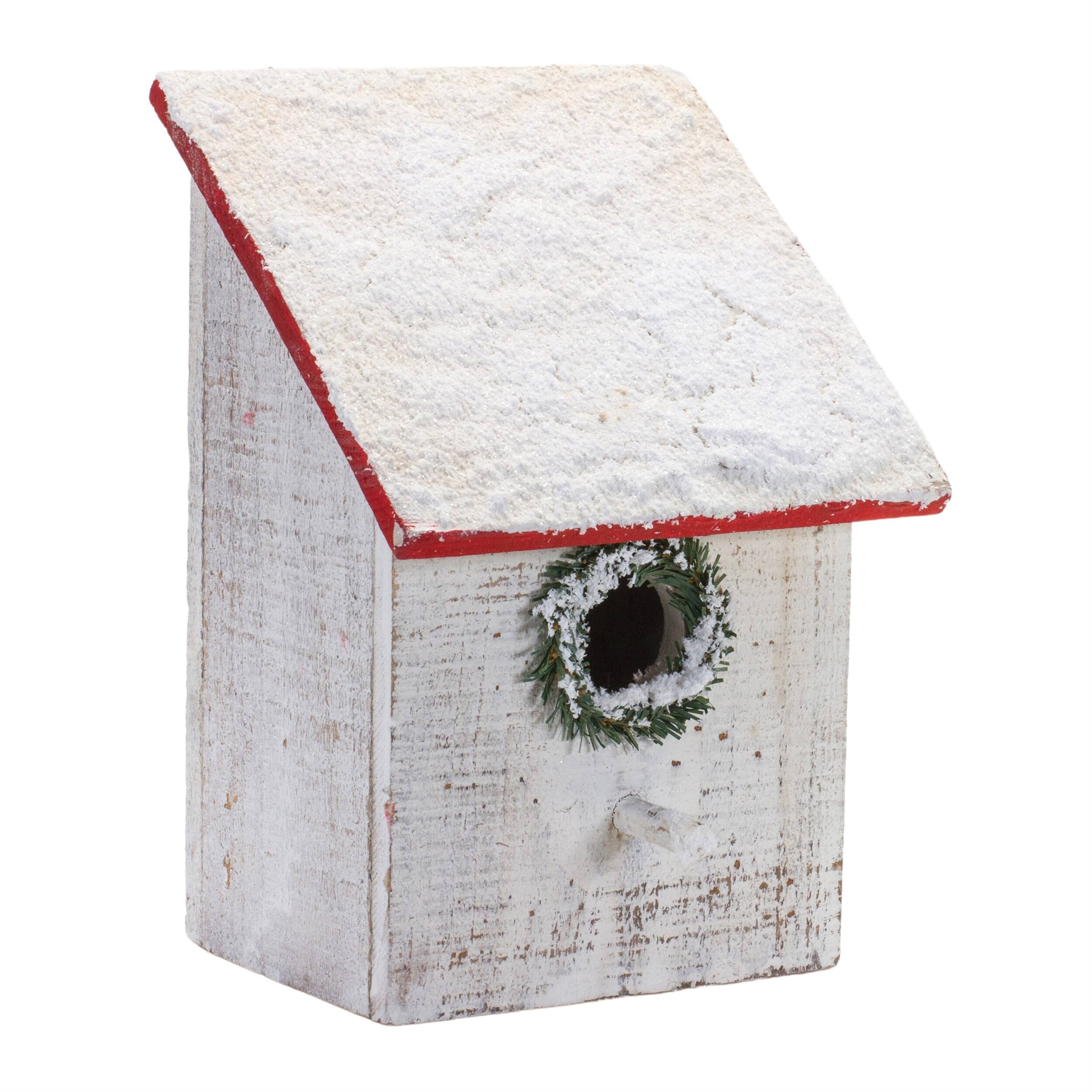 Back. BreeBe - Flocked Wood Birdhouse with Wreath Accent (Set of 4) - White, Red.