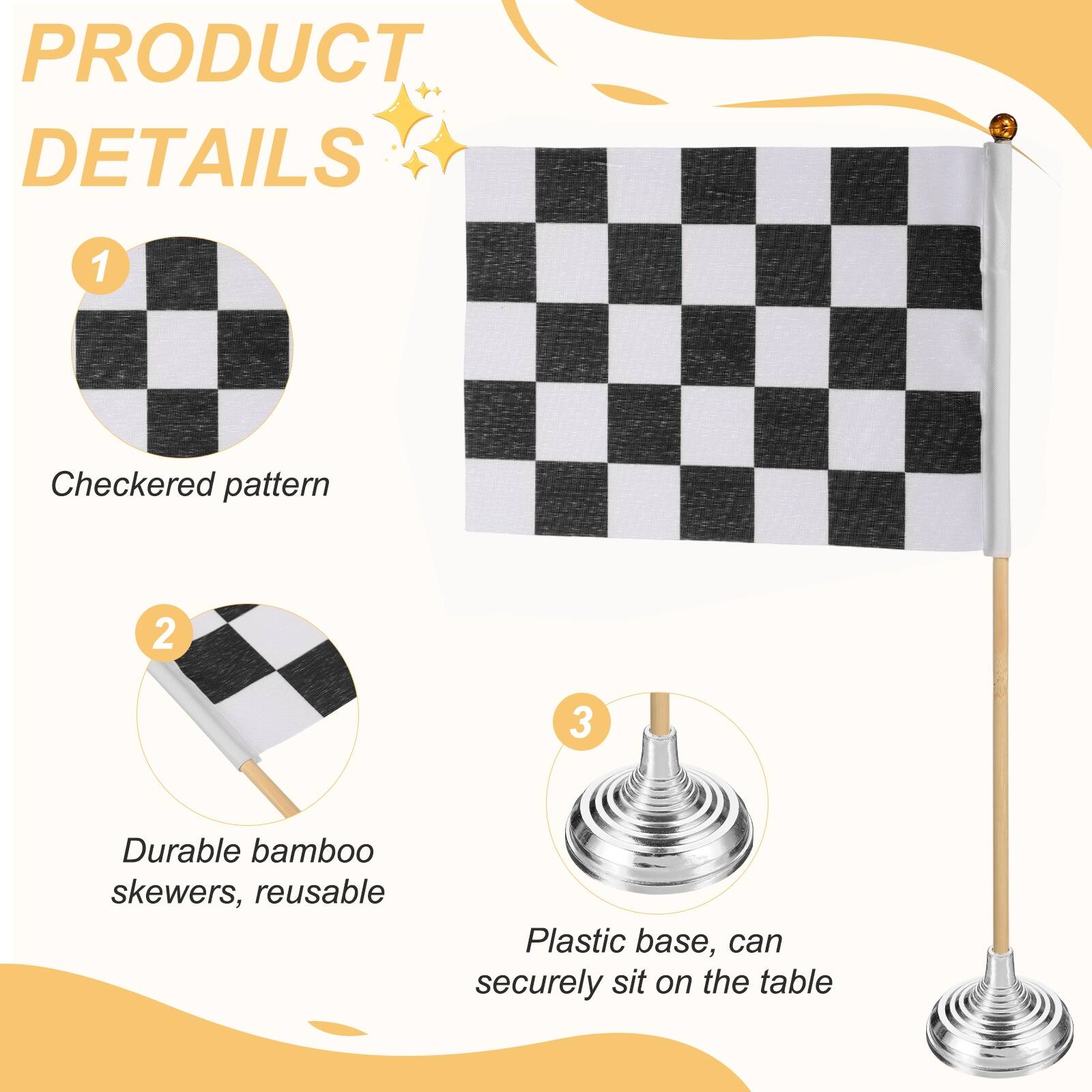 PRODUCT DETAILS

1. Checkered pattern
2. Durable bamboo skewers, reusable
3. Plastic base, can securely sit on the table