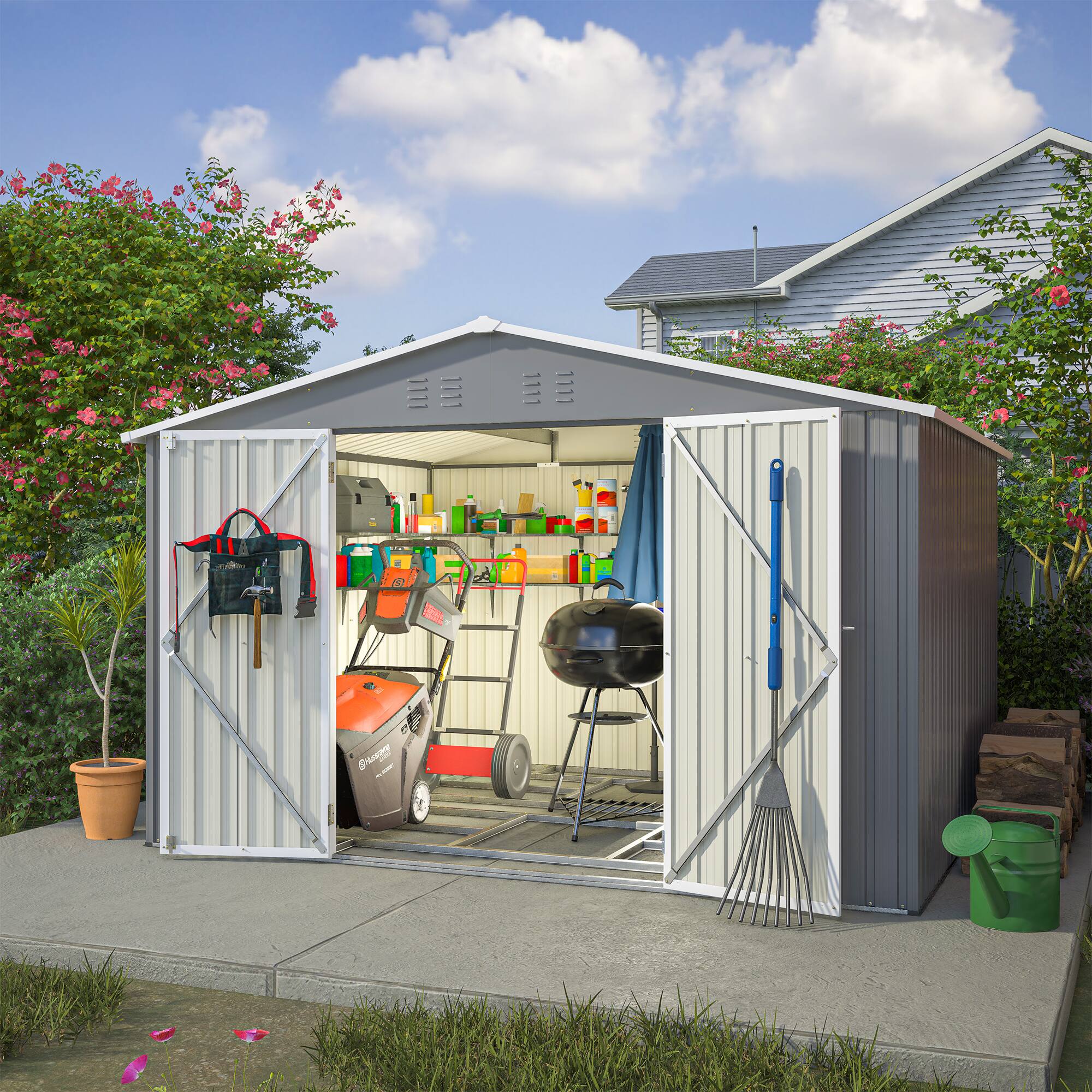 Angle. Mondawe - 10X8 FT Outdoor Tool Storage Shed with Metal Foundation & Lockable Doors - Gray.