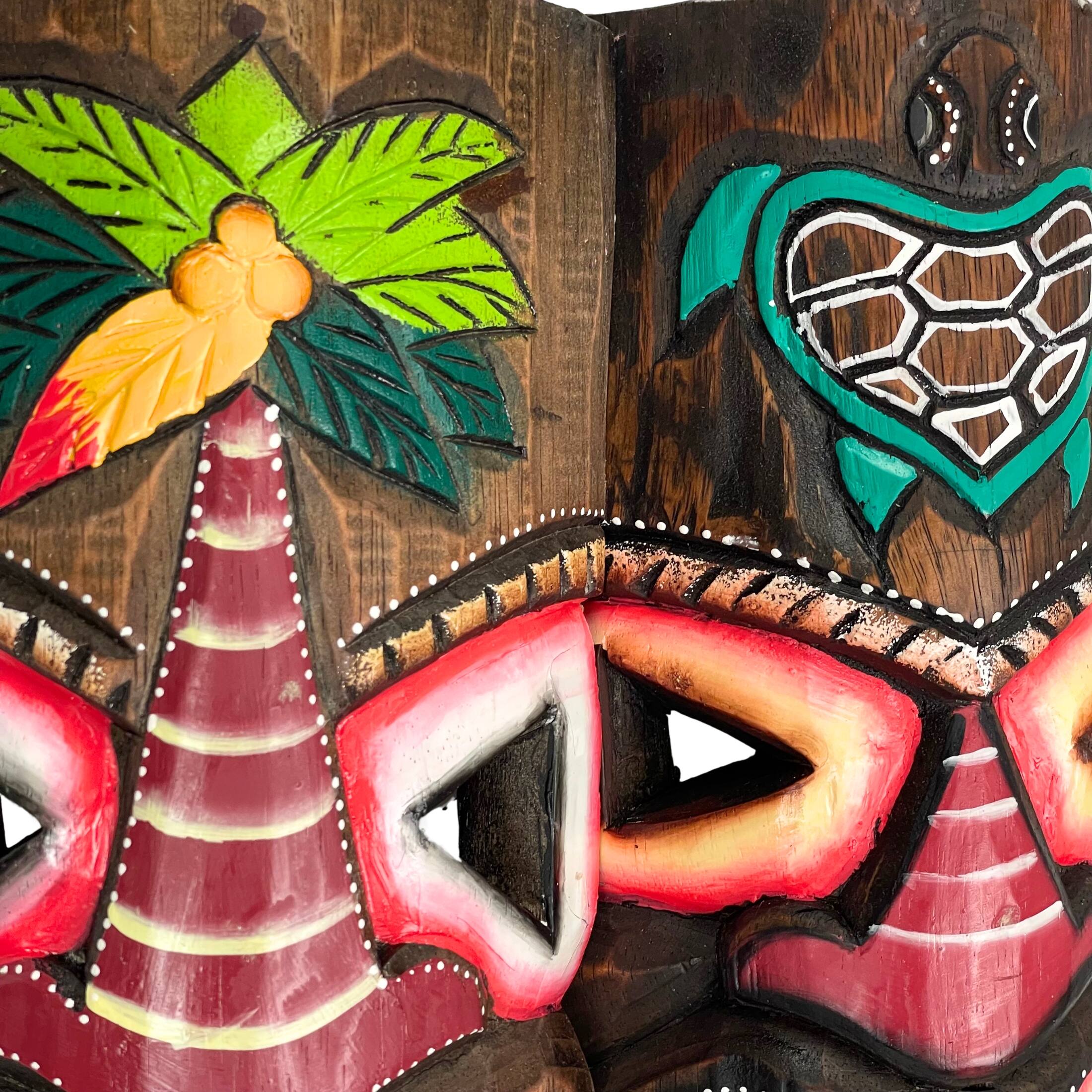 Alt View 2. Chesapeake Bay - Set of 2 Triple-Faced Tiki Wall Sculptures – Palm Tree, Sun & Sea Turtle Designs - Multicolored.