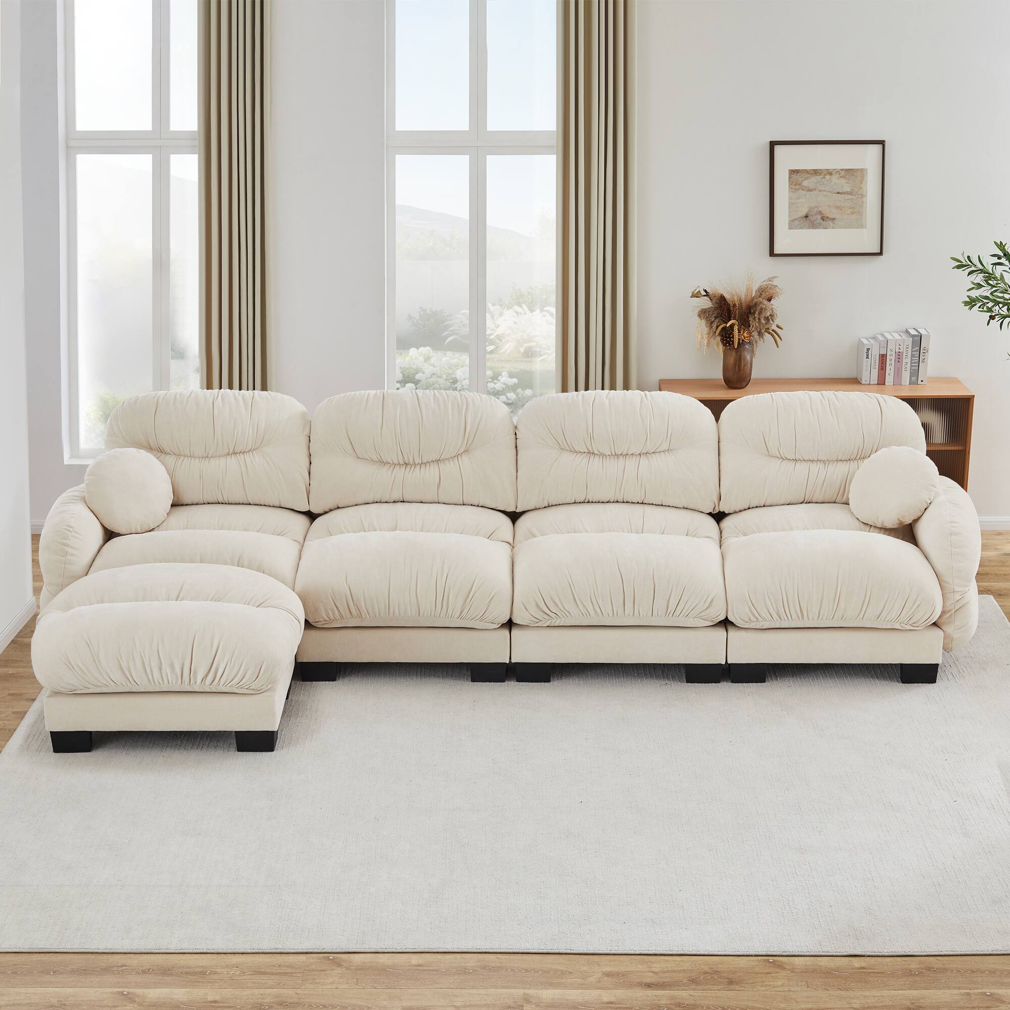 Left. Anysun - 4-Seater L Shape Sectional Couch with Ottoman, Chenille Fabric, High-Density Foam & Curved Armrests for Living Room - Beige.