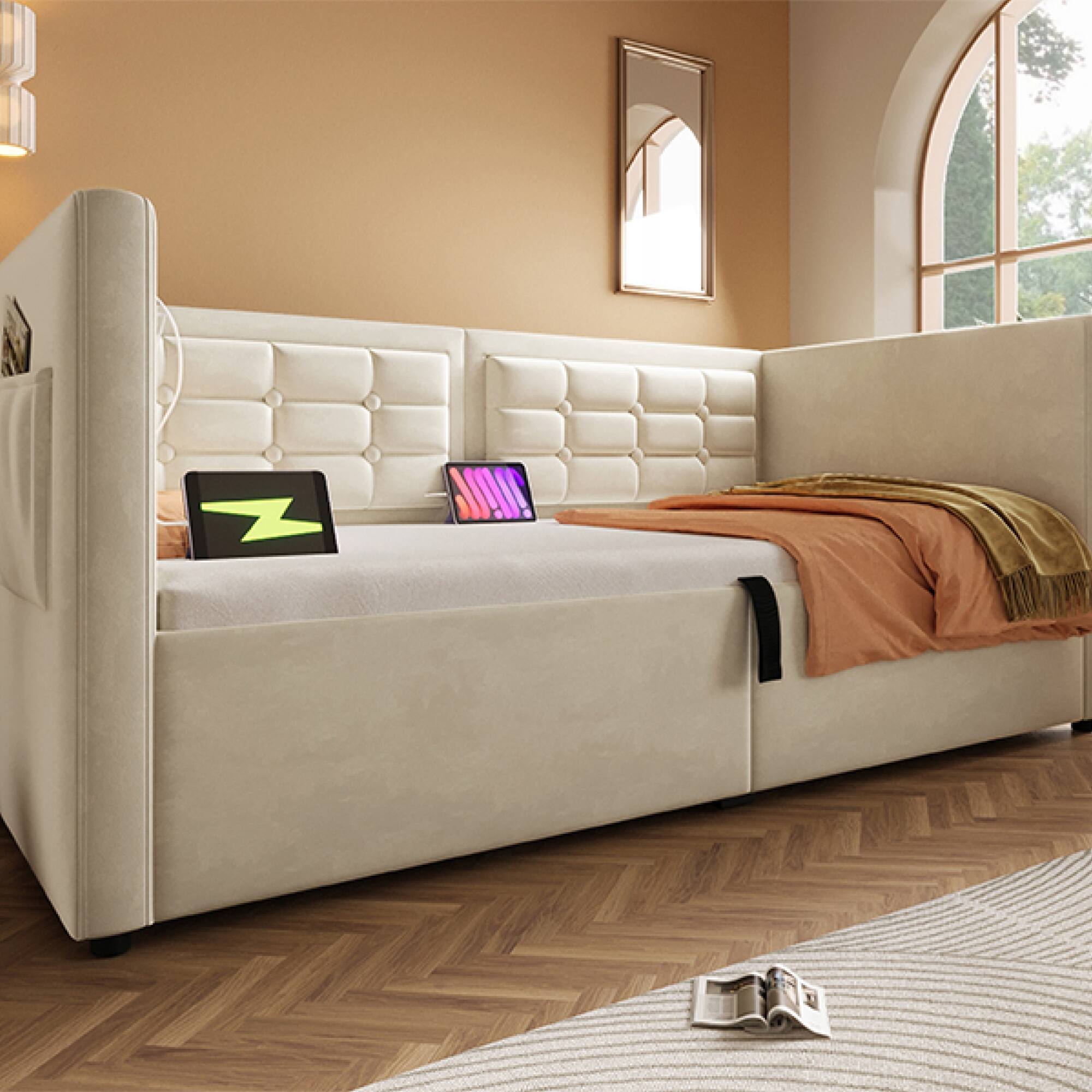 Alt View 9. GOODSILO - Upholstered Twin Size Daybed with Hydraulic Storage and USB Charging, Tufted Sofa Back Design - Beige.