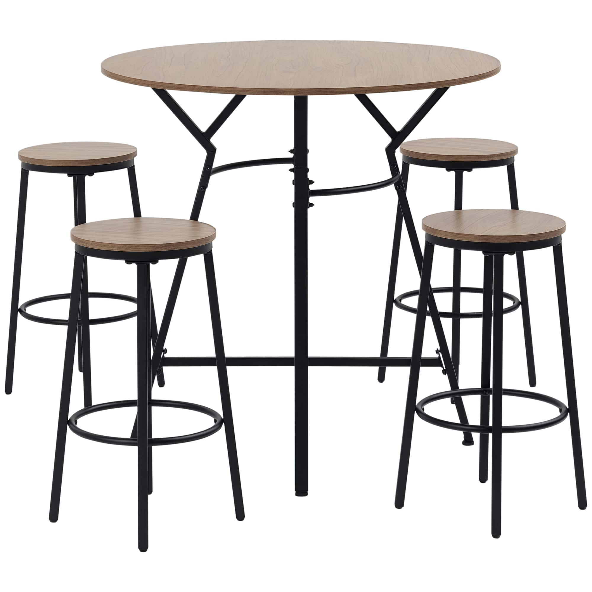 Homcom - Industrial 5-Piece Bar Table and Chairs Set, Space Saving Dining Table with 4 Stools for Pub and Kitchen - Brown