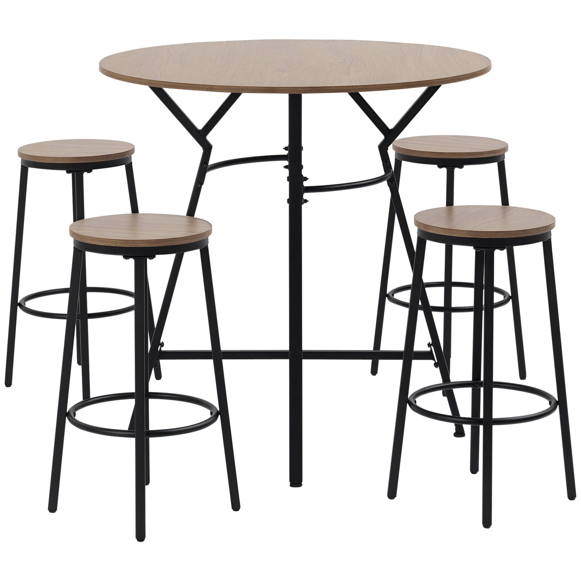 Front. Homcom - Industrial 5-Piece Bar Table and Chairs Set, Space Saving Dining Table with 4 Stools for Pub and Kitchen - Brown.