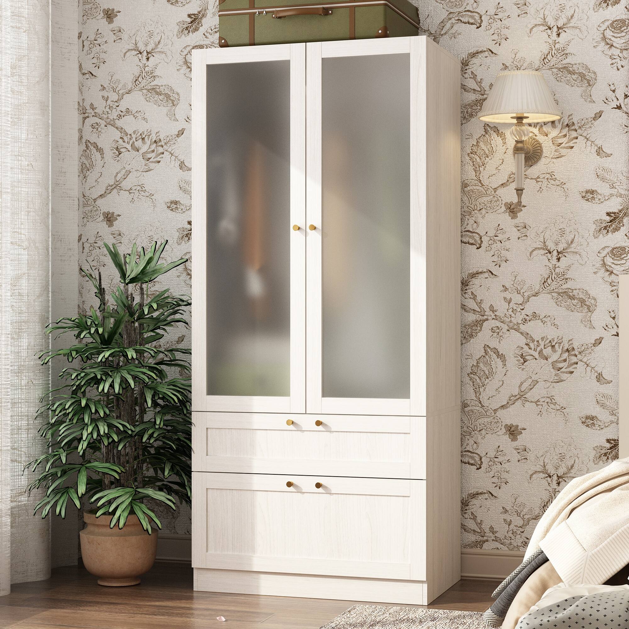 Angle. FUFU&GAGA - FUFU&GAGA Wardrobe with Frosted Glass Doors, Drawers & Anti - Tip - White.