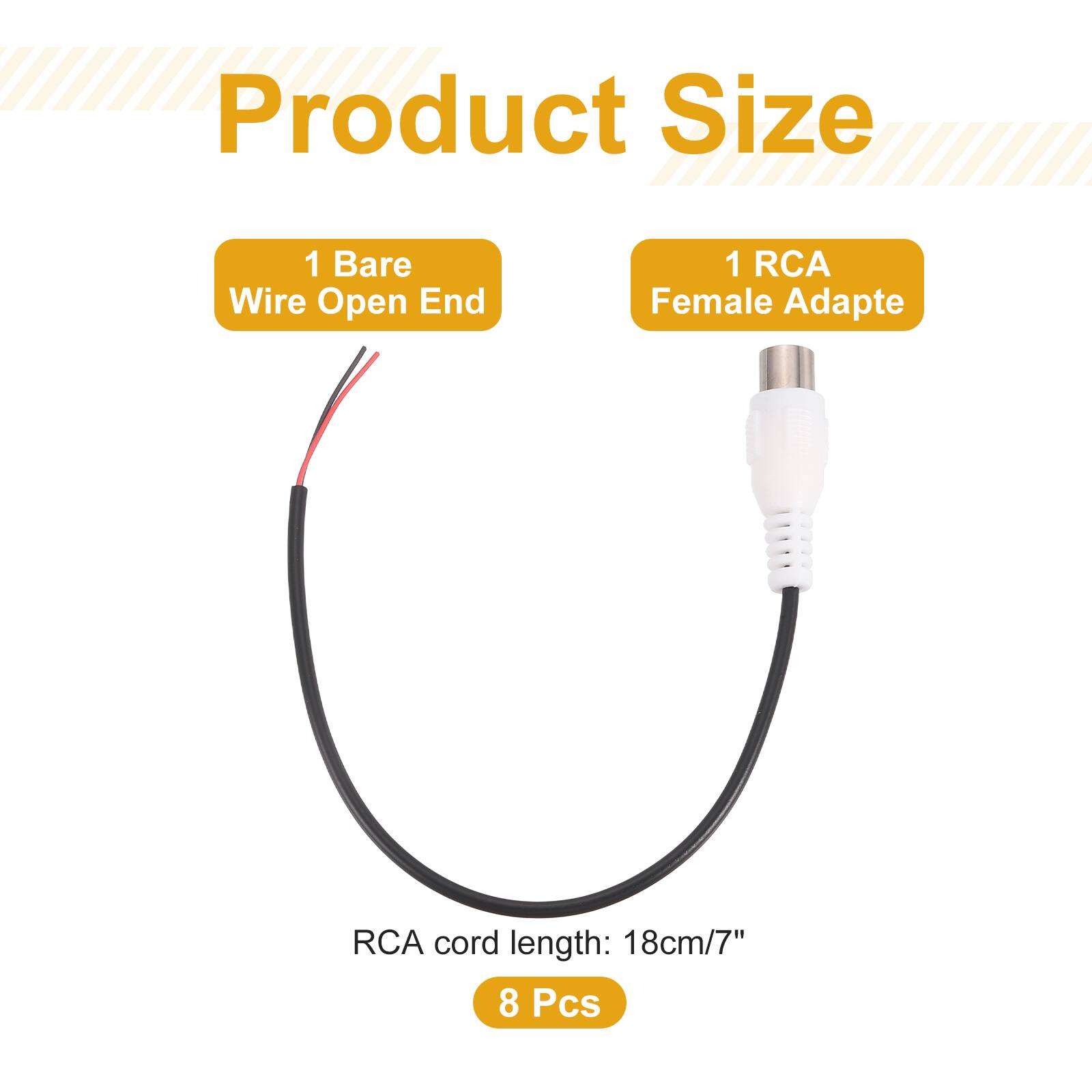 Product Size  
1 Bare Wire Open End  
1 RCA Female Adapte  
RCA cord length: 18cm/7"  
8 Pcs