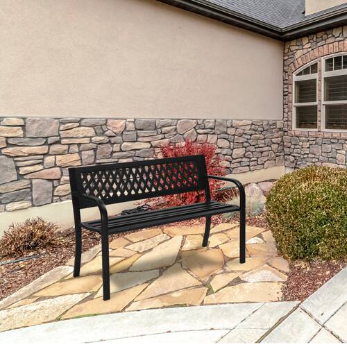 Alt View 9. Winado - 47in Garden Patio Bench Iron Frame PVC Mesh Backrest Slatted Seat 2-Person for Front Porch Outdoor Entryway Furniture - Black.