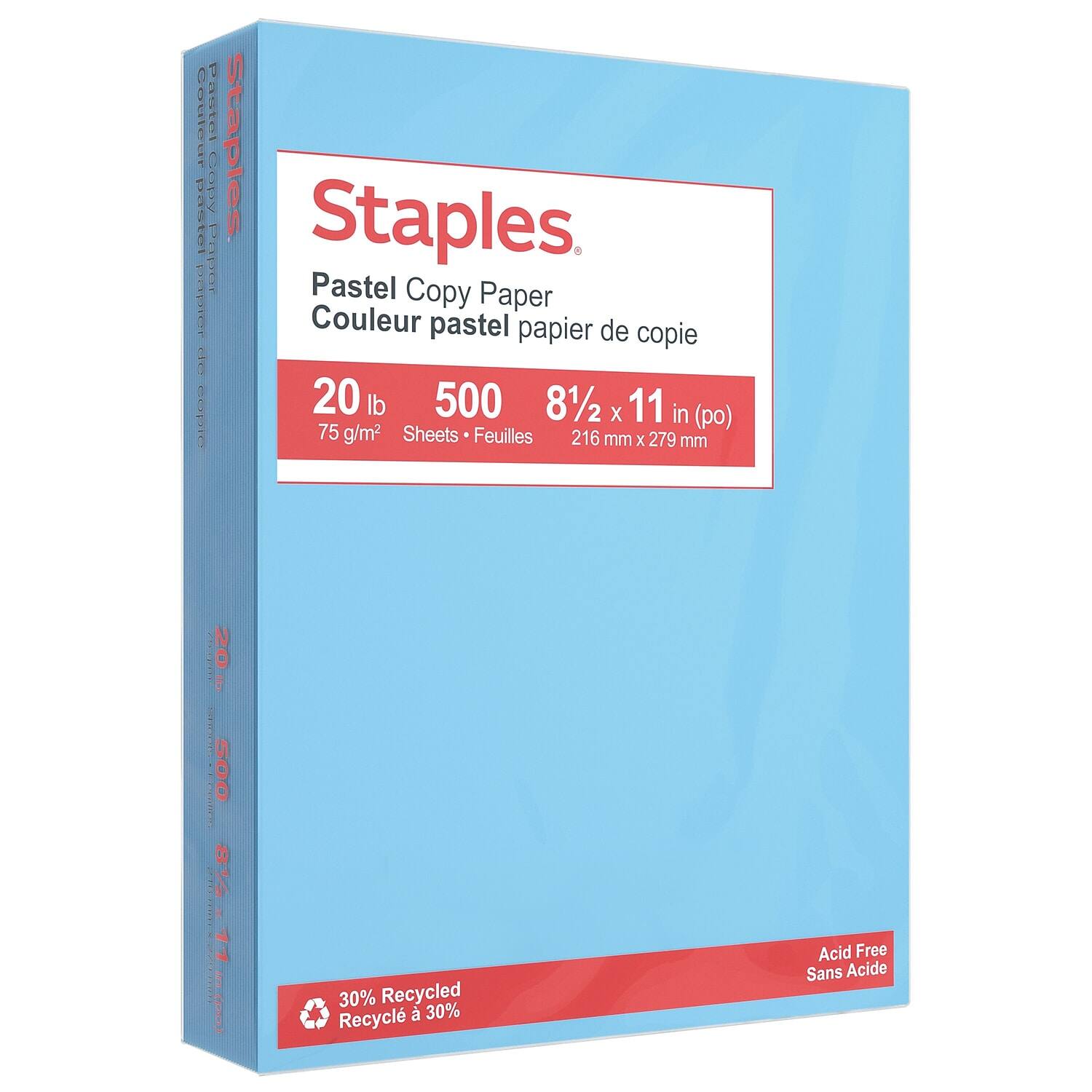 Staples - Pastel 30% Recycled Color Copy Paper, 20 lbs., 8.5" x 11", 500/Ream (14786) - Blue