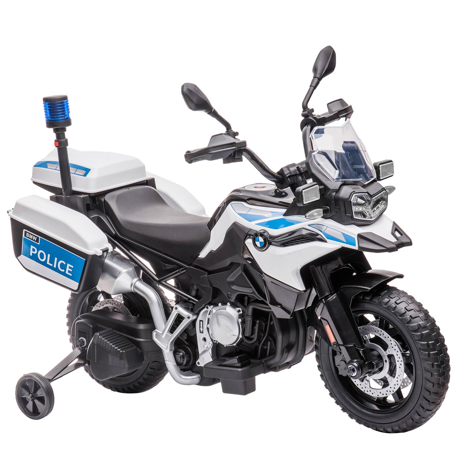 GARVEE - 12V Licensed BMW Kids Police Motorcycle, Electric Ride-On Bike w/LED Siren, Storage Boxes & Suspension - Blue and White