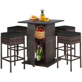 Costway - 5PCS Patio Rattan Bar Table Stool Set Hidden Storage Shelf Cushion - Black
