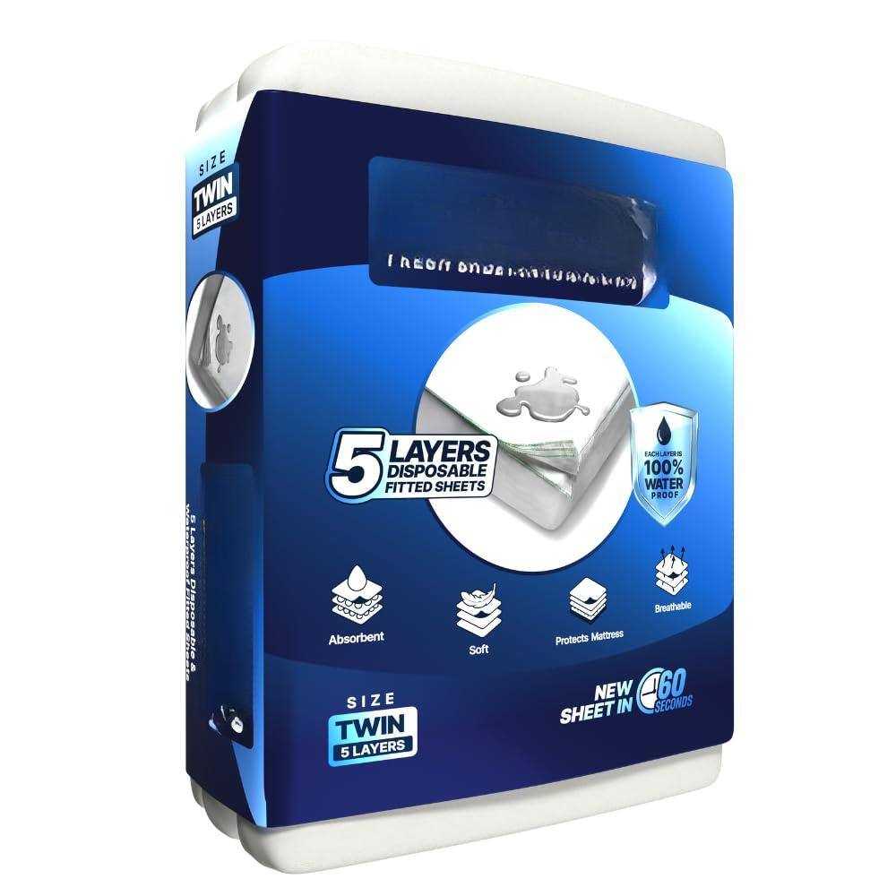 Sure, here is the corrected and grouped text from the image:

---

**SIZE TWIN 5 LAYERS**

**5 LAYERS DISPOSABLE FITTED SHEETS**

- **100% WATER PROOF**
- **Breathable**
- **Absorbent**
- **Soft**
- **Protects Mattress**

**NEW SHEET IN 60 SECONDS**

**60 SHEETS**

**SIZE TWIN 5 LAYERS**

---

This text highlights the key features and specifications of the product.