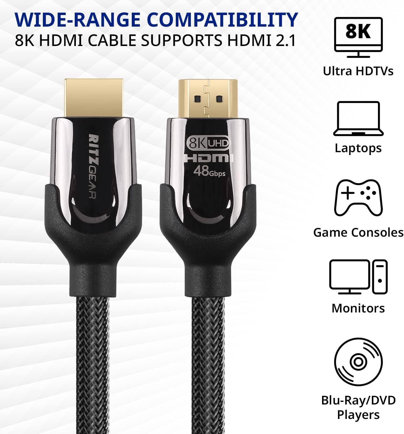 WIDE-RANGE COMPATIBILITY 8K HDMI CABLE SUPPORTS HDMI 2.1 Ultra HDTVs Laptops Game Consoles Monitors Blu-Ray/DVD Players