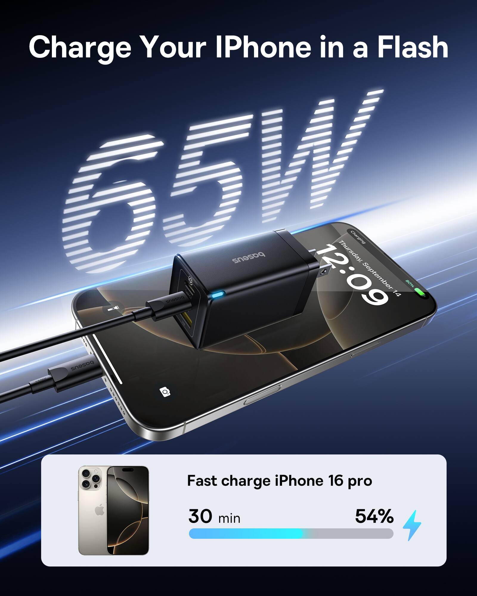 Charge Your iPhone in a Flash

65W

Fast charge iPhone 16 pro

30 min 54%