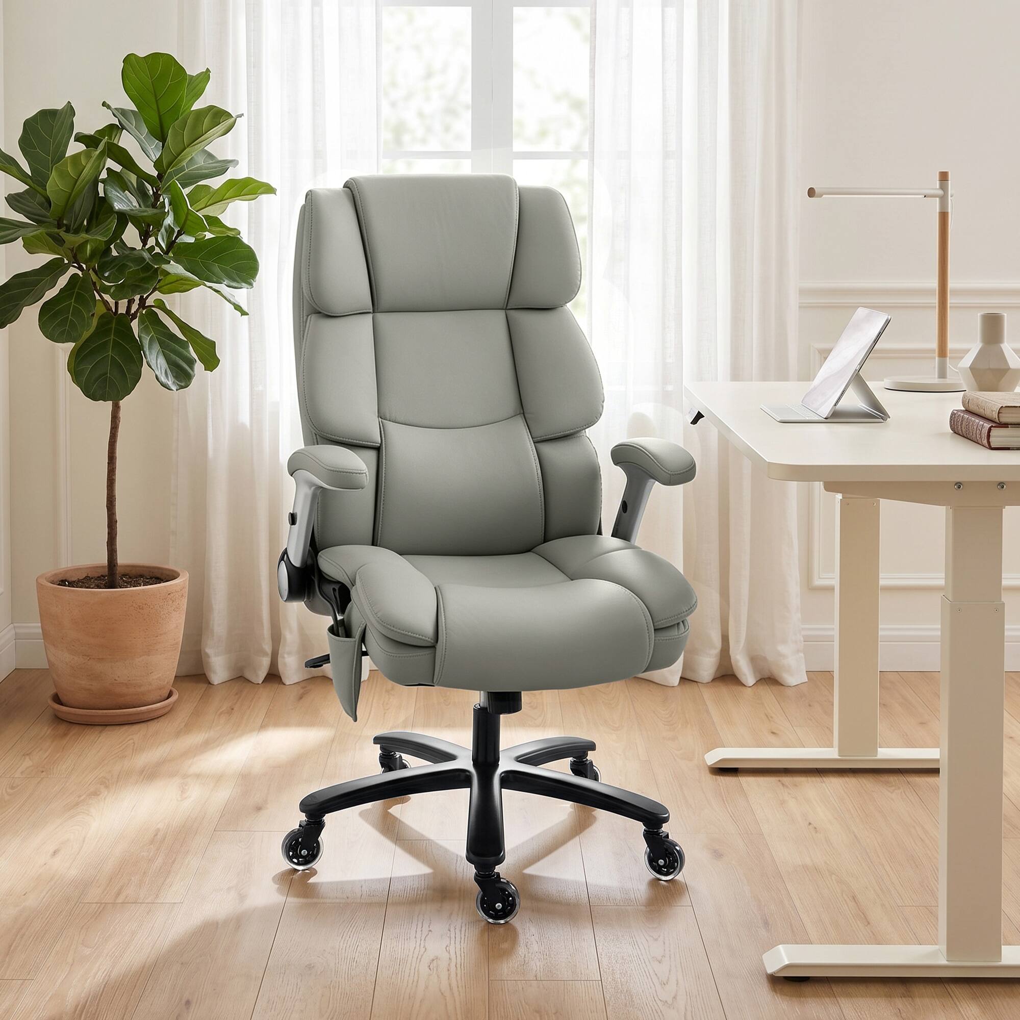 Alt View 1. Homcom - Office Chair with Inflatable Adjustable Lumbar Support, 400 Lbs Heavy Duty High Back Desk Chair - Light Gray.