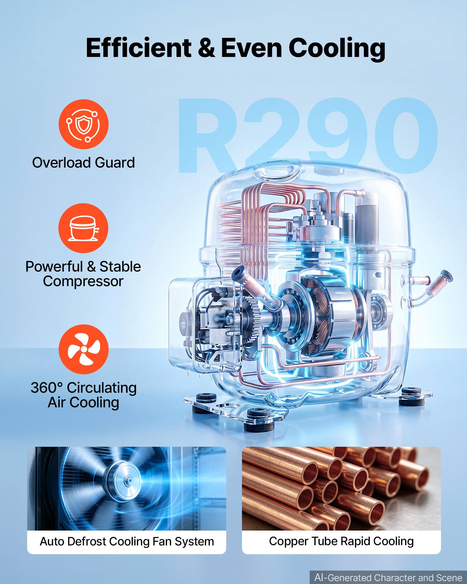 Efficient & Even Cooling  
Overload Guard R290  
Powerful & Stable Compressor  
360° Circulating Air Cooling  
Auto Defrost Cooling Fan System  
Copper Tube Rapid Cooling  
AI-Generated Character and Scene