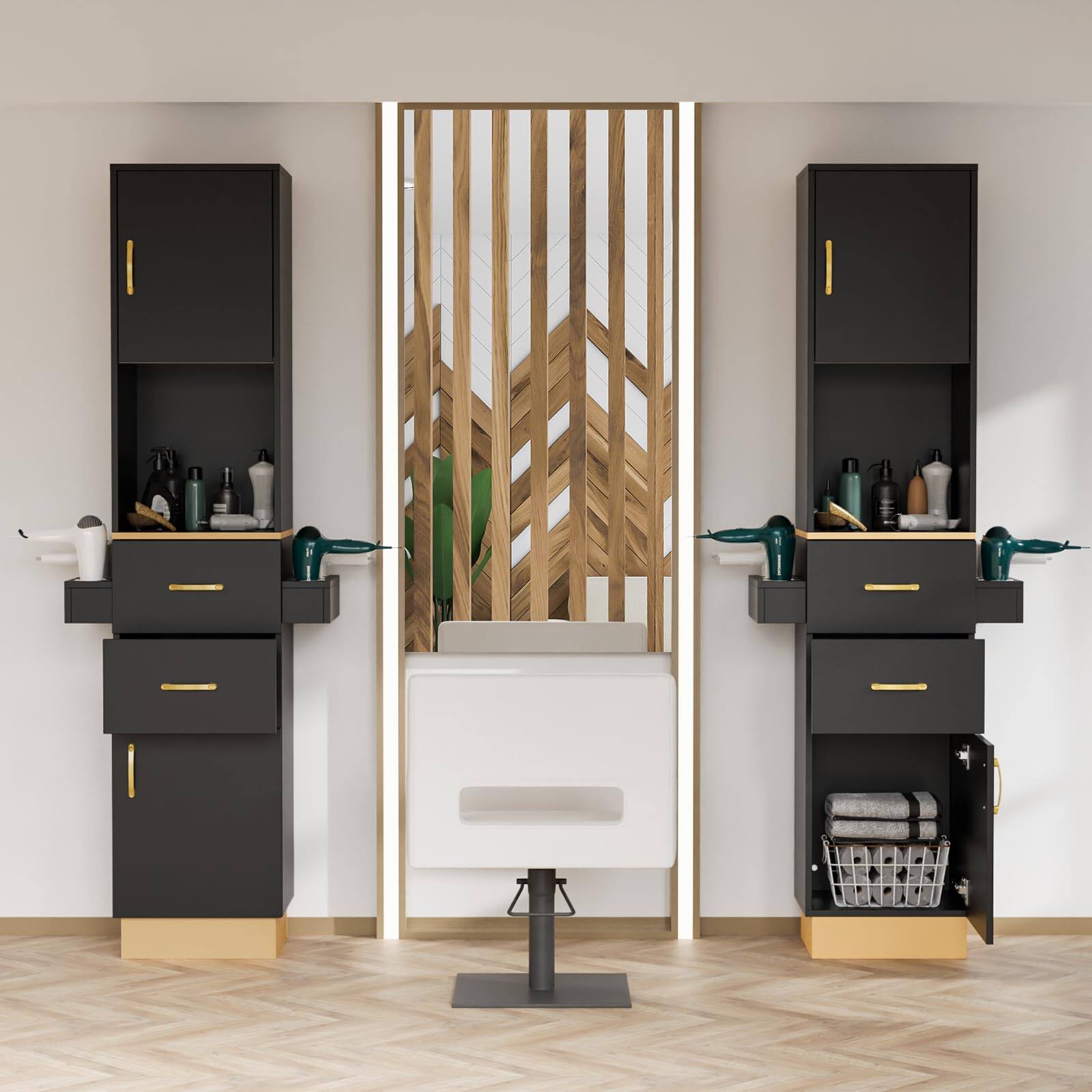 Alt View 3. Winado - Salon Storage Station Barber Stations Beauty Spa Equipment with Hair Dryer Holders, Storage Cabinet, Drawers for Bedroom - Black & Gold.
