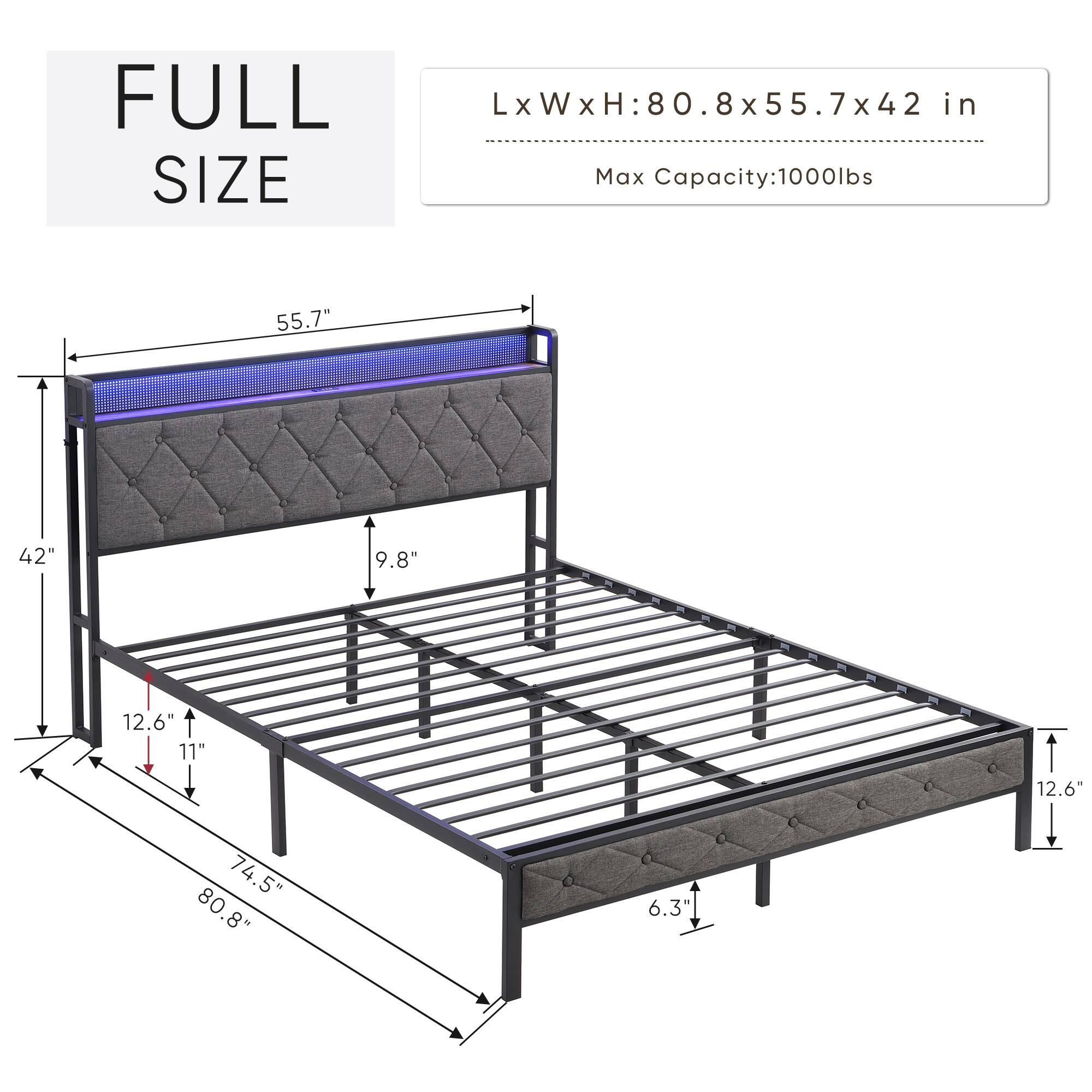 FULL SIZE

L x W x H: 80.8 x 55.7 x 42 in

Max Capacity: 1000 lbs

55.7"  
42"  
9.8"  
12.6"  
11"  
74.5"  
80.8"  
6.3"