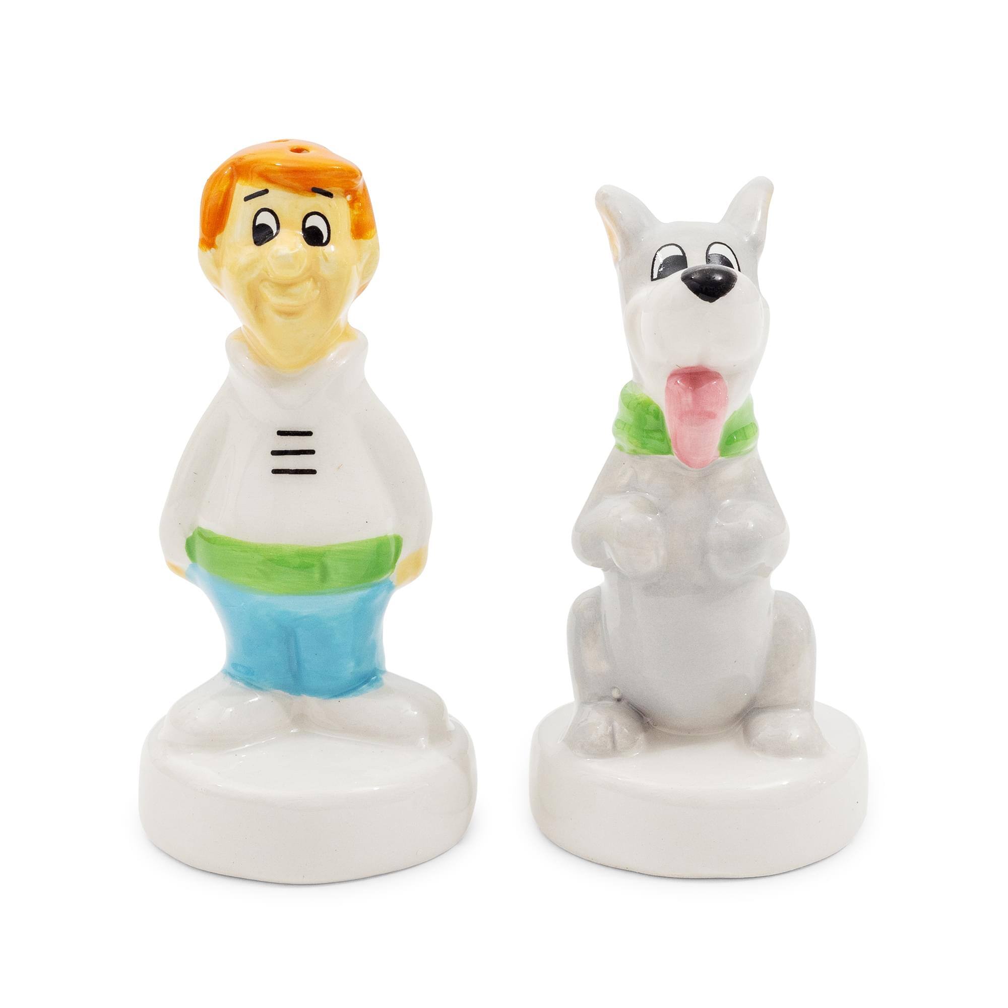 Front. Silver Buffalo - The Jetsons George and Astro Ceramic Salt and Pepper Shaker Set - White.