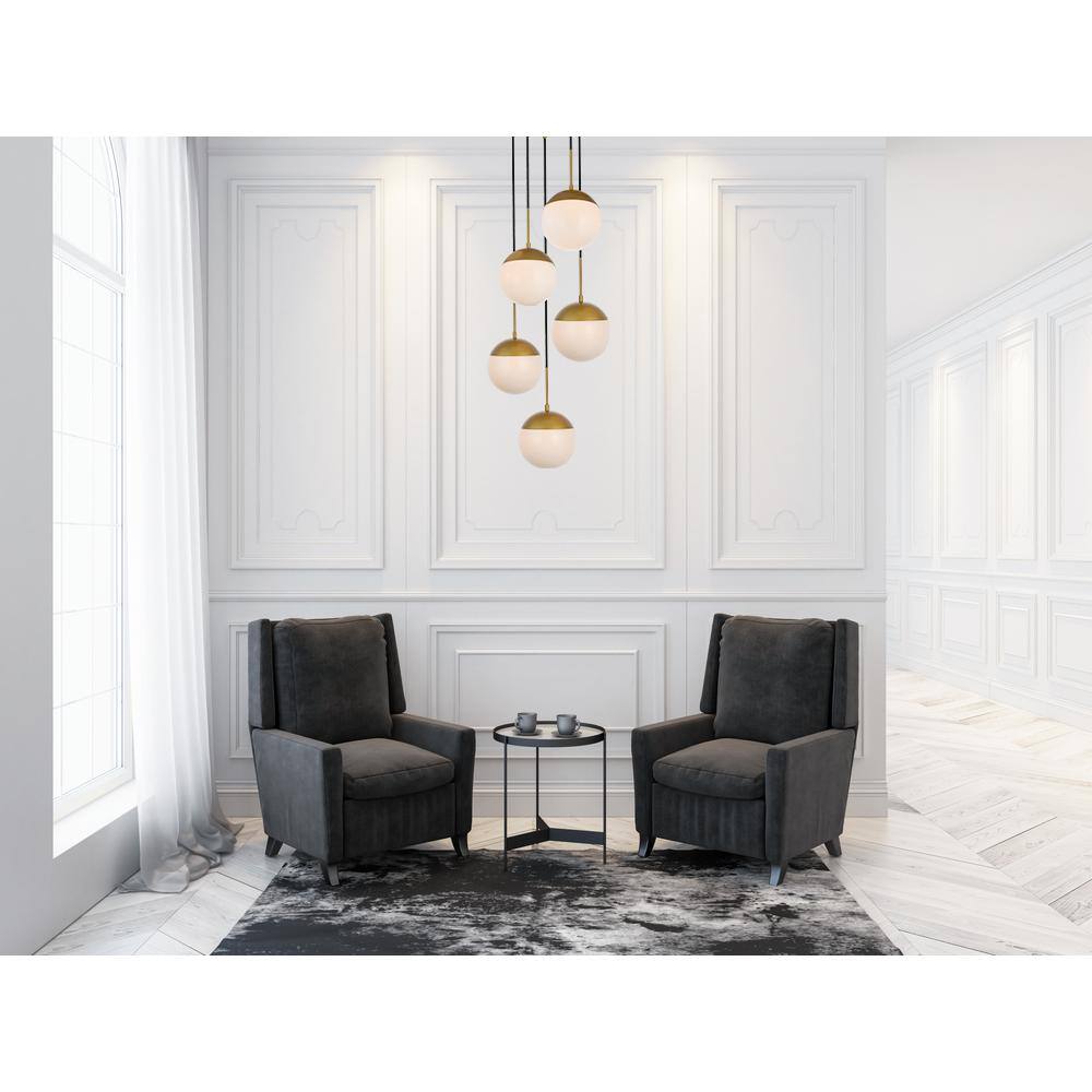 Angle. Living District - Eclipse 5 Lights Brass Pendant With Frosted White Glass - Brass And Frosted White.