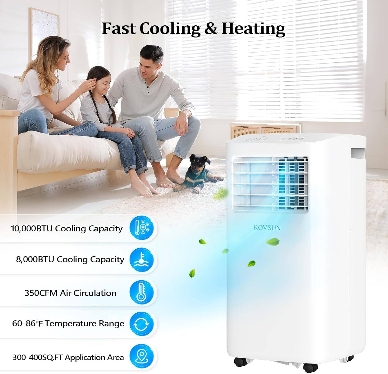 Fast Cooling & Heating

- 10,000BTU Cooling Capacity
- 8,000BTU Cooling Capacity
- 350CFM Air Circulation
- 60-86°F Temperature Range
- 300-400SQ.FT Application Area