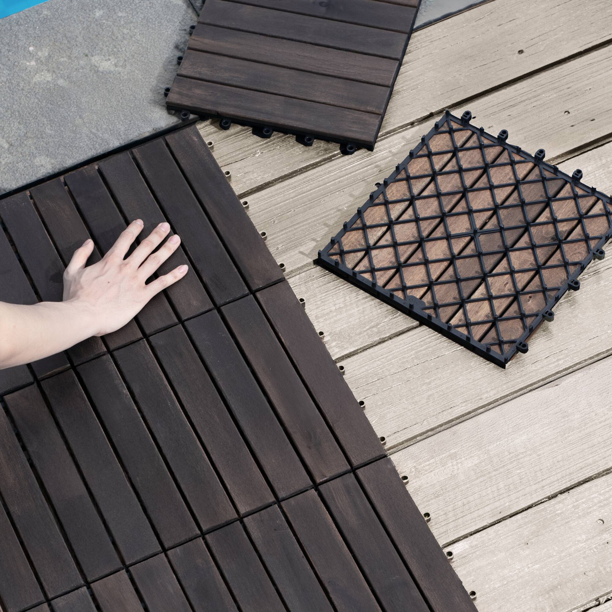Alt View 7. GOODSILO - Interlocking Deck Tiles Striped Pattern, 12" x 12" Square Acacia Hardwood Outdoor Flooring for Patio, Balcony, Pool Side - Dark Brown.