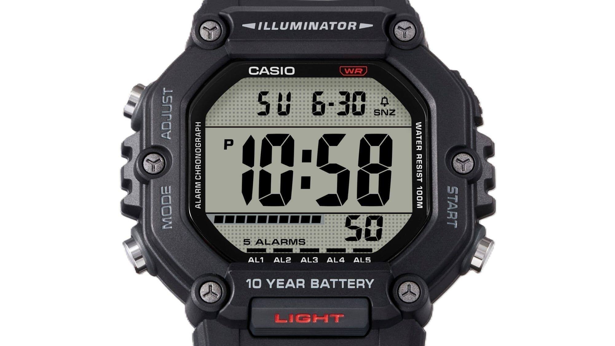 ILLUMINATOR ADJUST MODE CASIO WR 50 6-30 SNZ P WATER CHRONOGRAPH 10:58 RESIST ALARM 100M 5 ALARMS AL1 AL2 AL3 AL4 AL5 START 10 YEAR BATTERY LIGHT